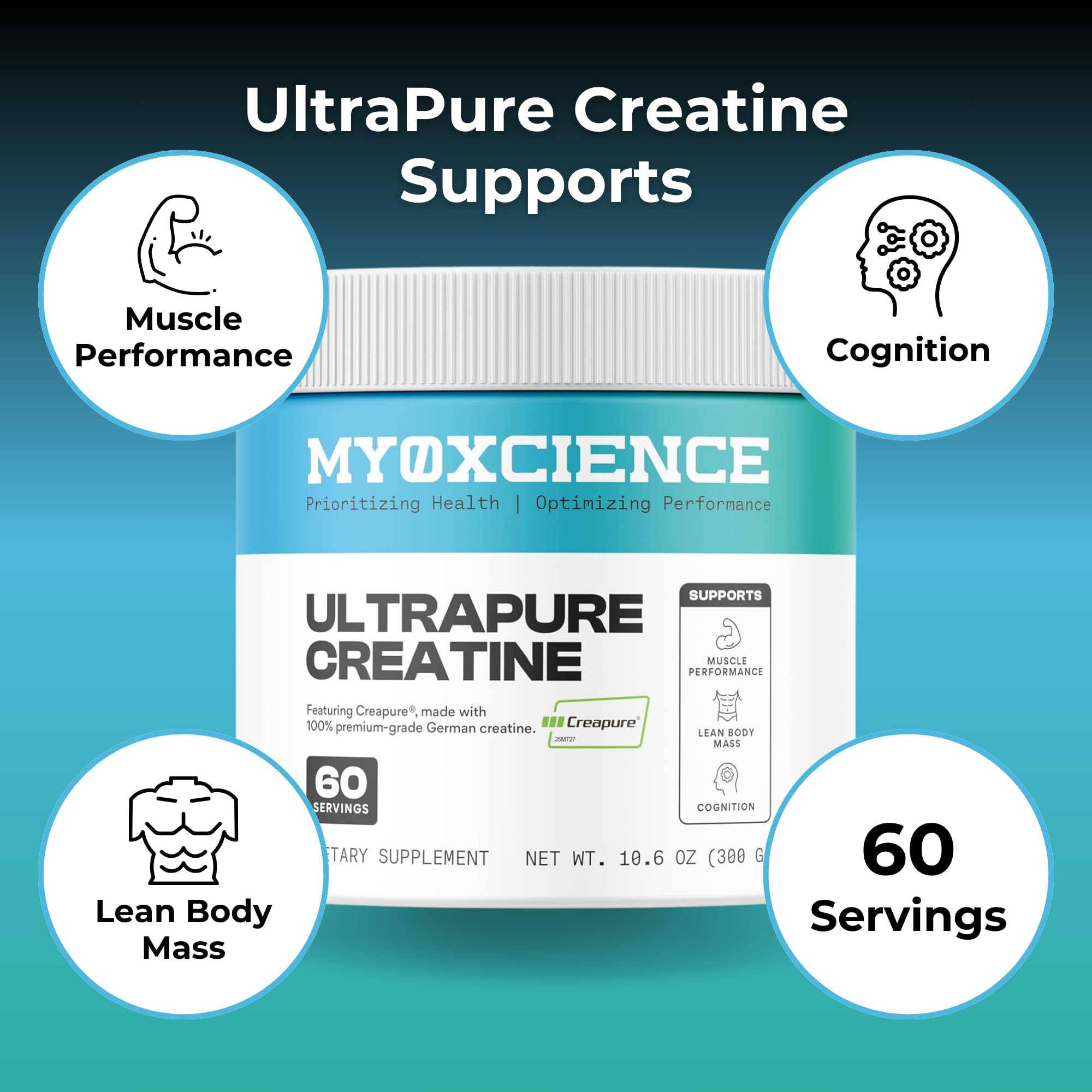 MYOXCIENCE Creapure Creatine 350g unflavoured powder in a scoop