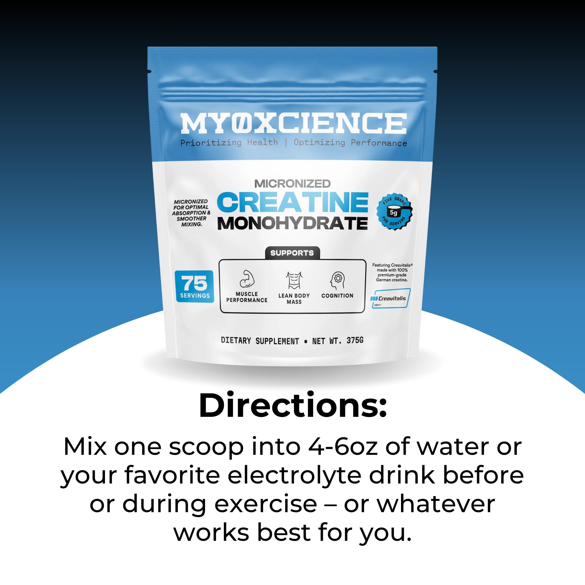MYOXCIENCE Creatine Monohydrate 390g displayed with other supplements