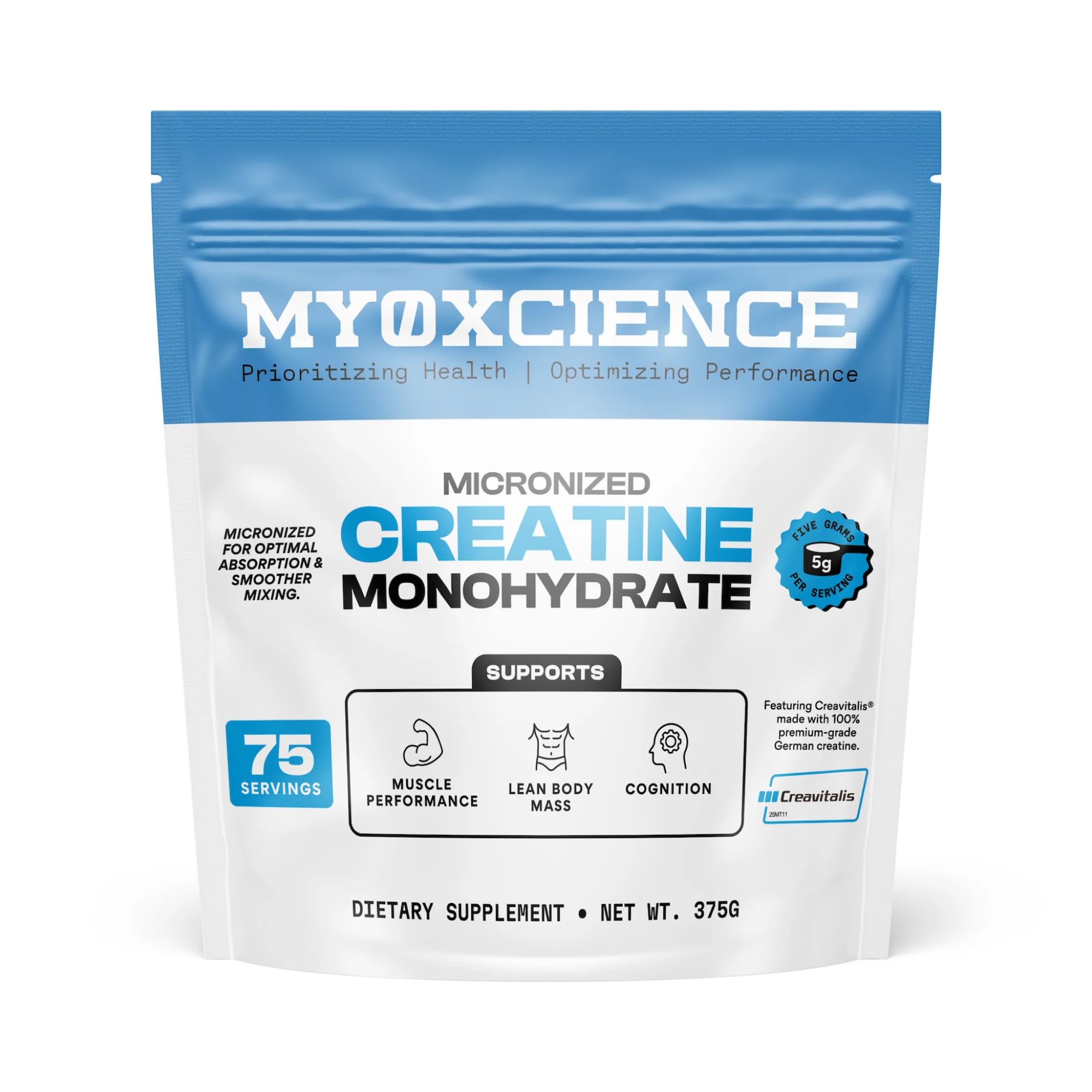 MYOXCIENCE Creatine Monohydrate 390g front view with packaging