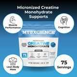 MYOXCIENCE Creatine Monohydrate 390g showing packaging dimensions