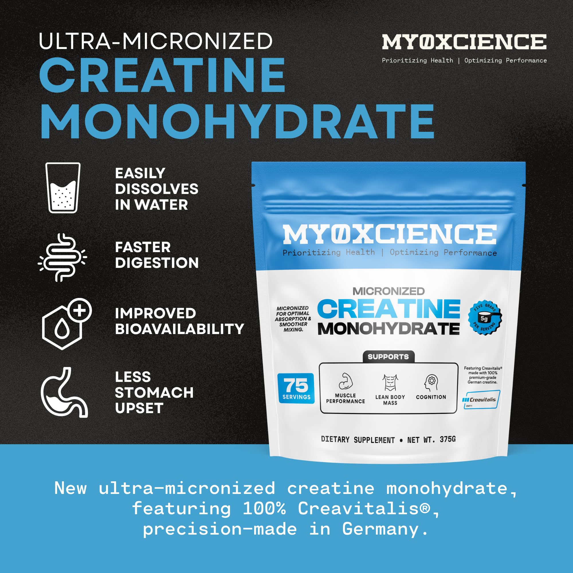 MYOXCIENCE Creatine Monohydrate 390g side view showing label details