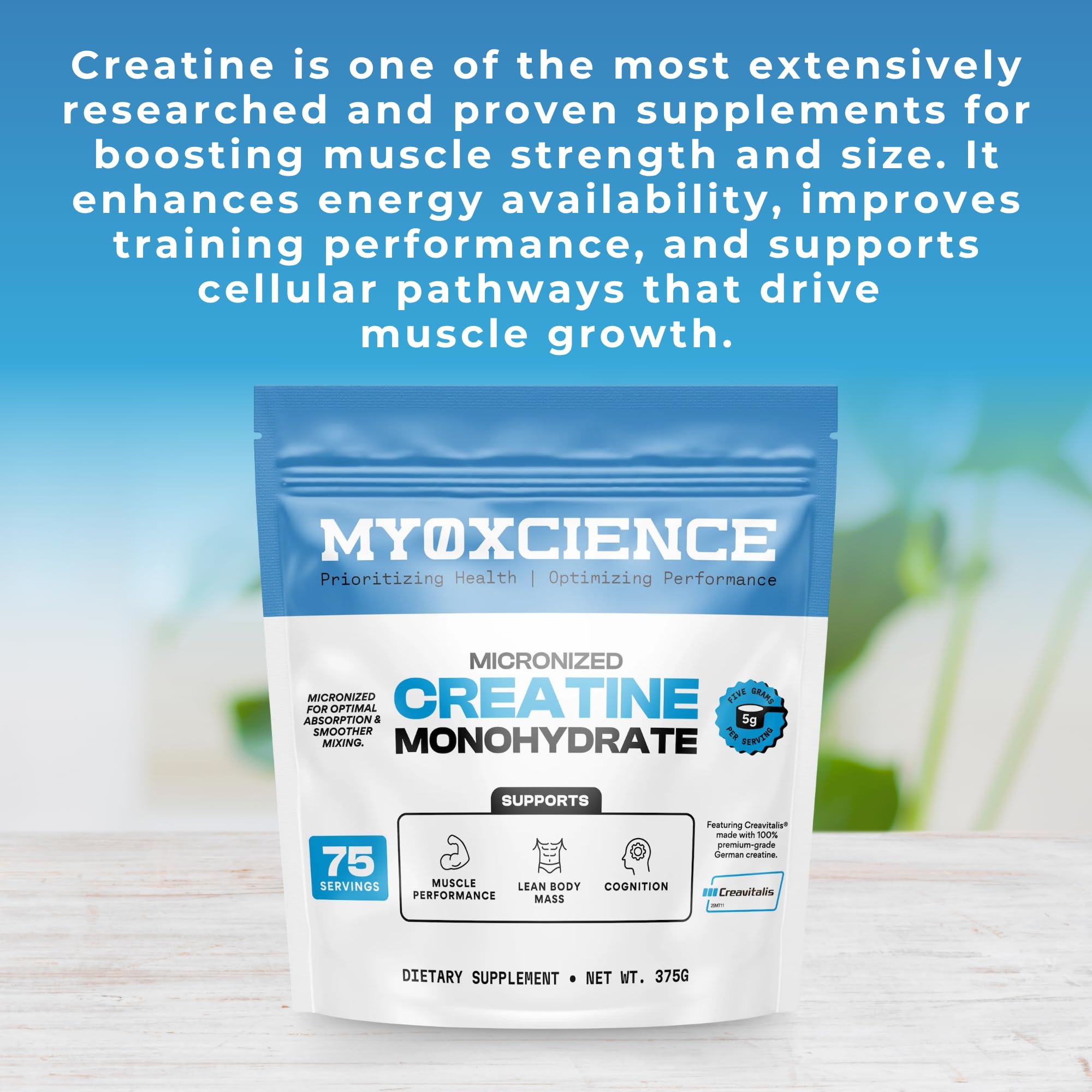 MYOXCIENCE Creatine Monohydrate 390g with a glass of mixed drink