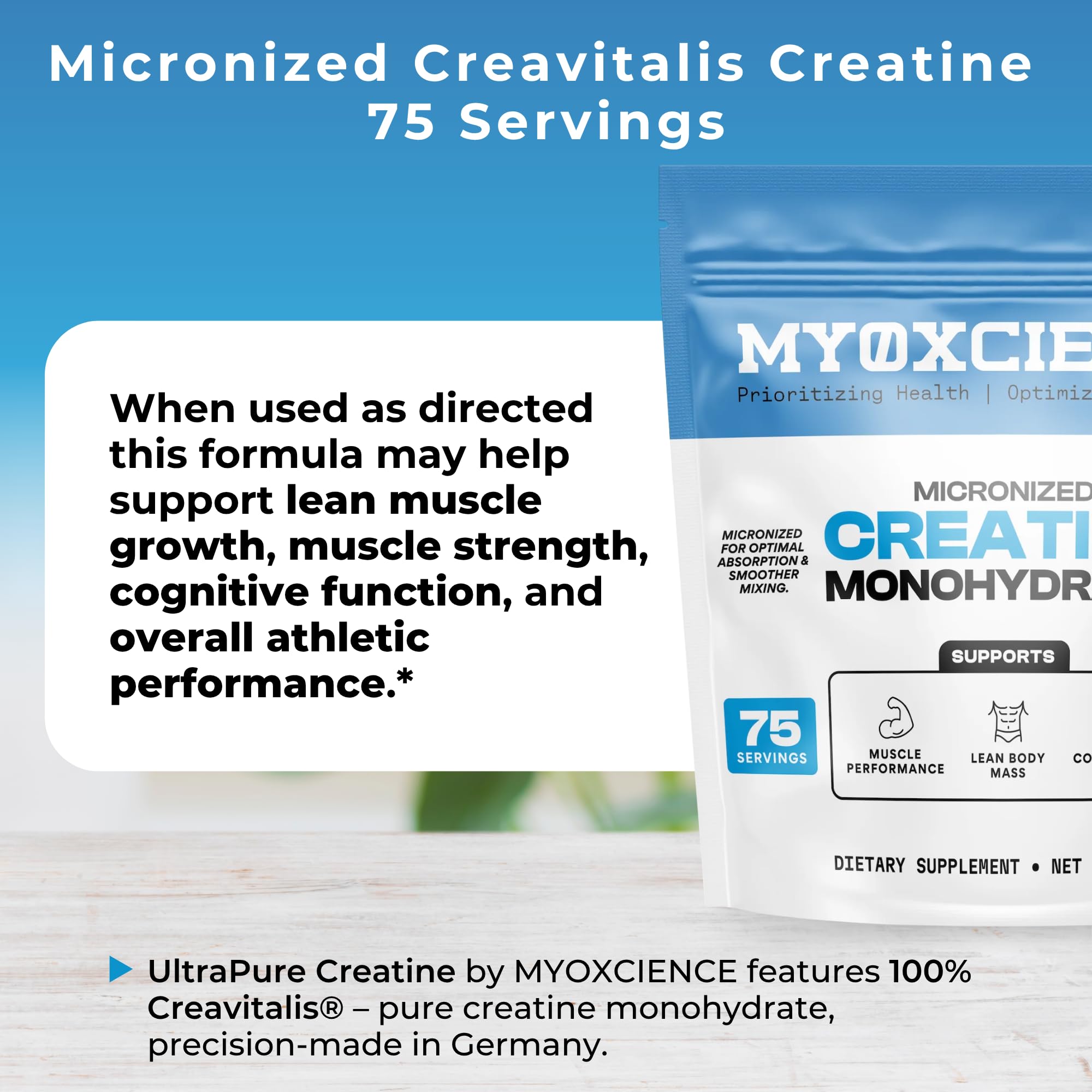 MYOXCIENCE Creatine Monohydrate 390g with fitness equipment in background
