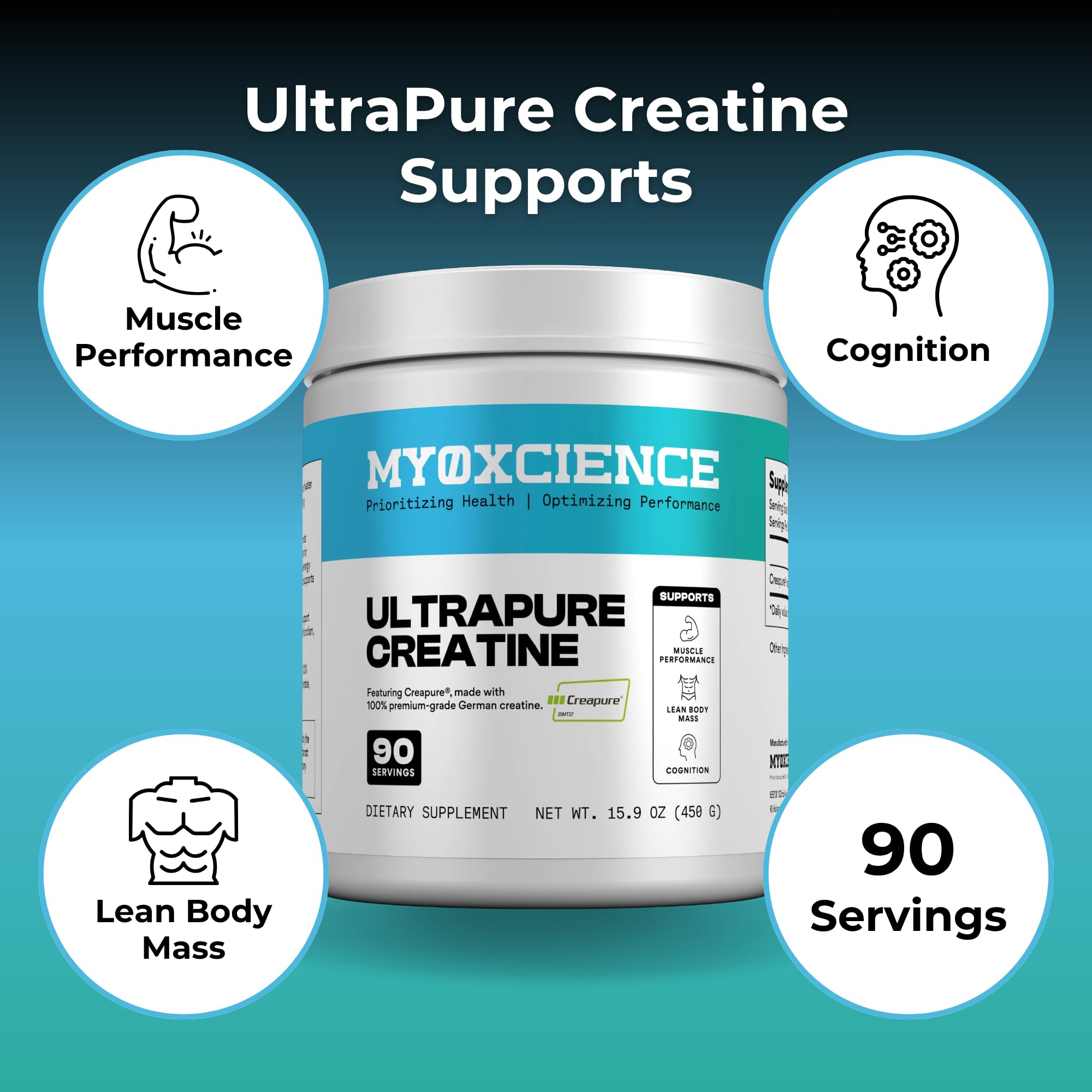 MYOXCIENCE Creatine Powder 350g back view showing ingredients