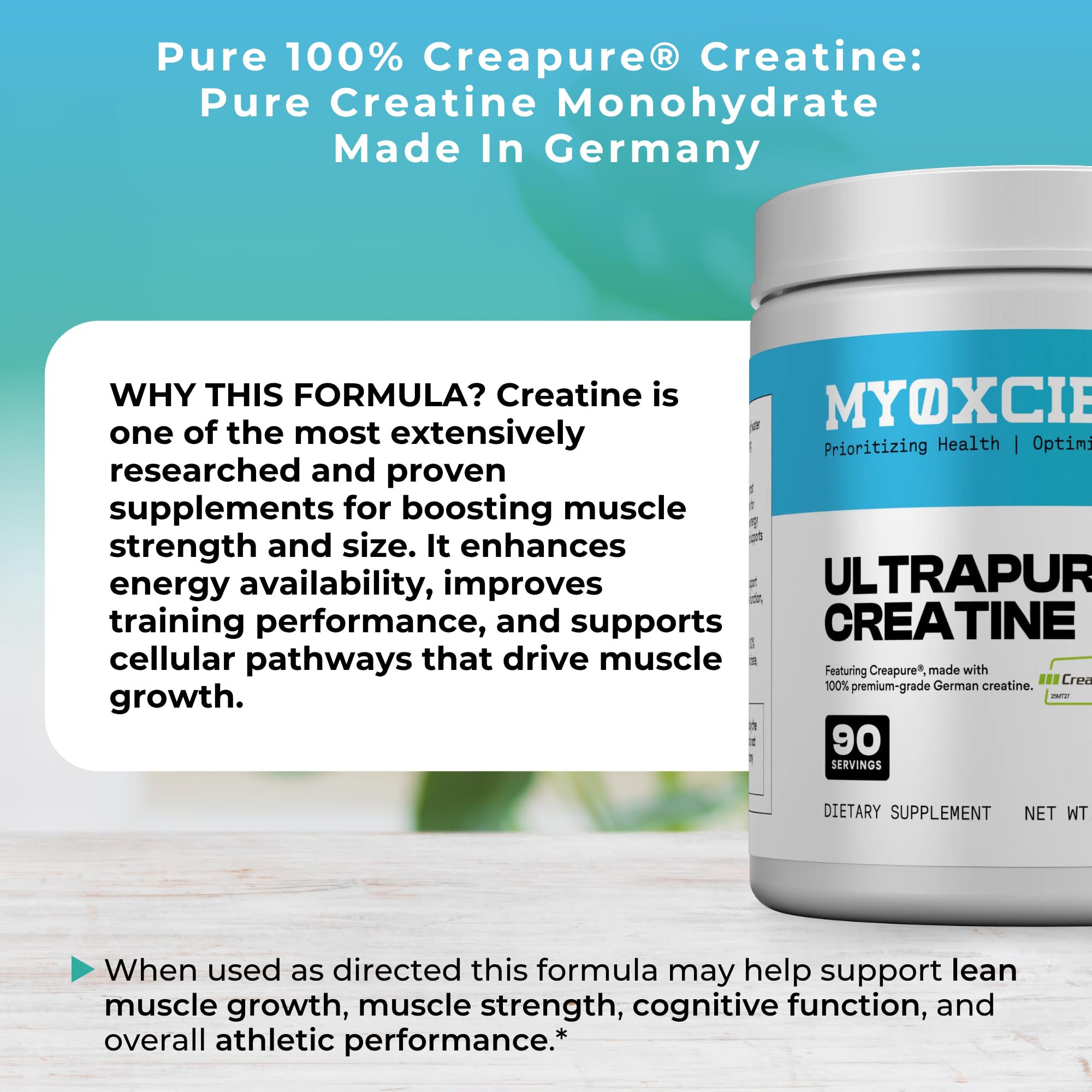 MYOXCIENCE Creatine Powder 350g lifestyle scene with water