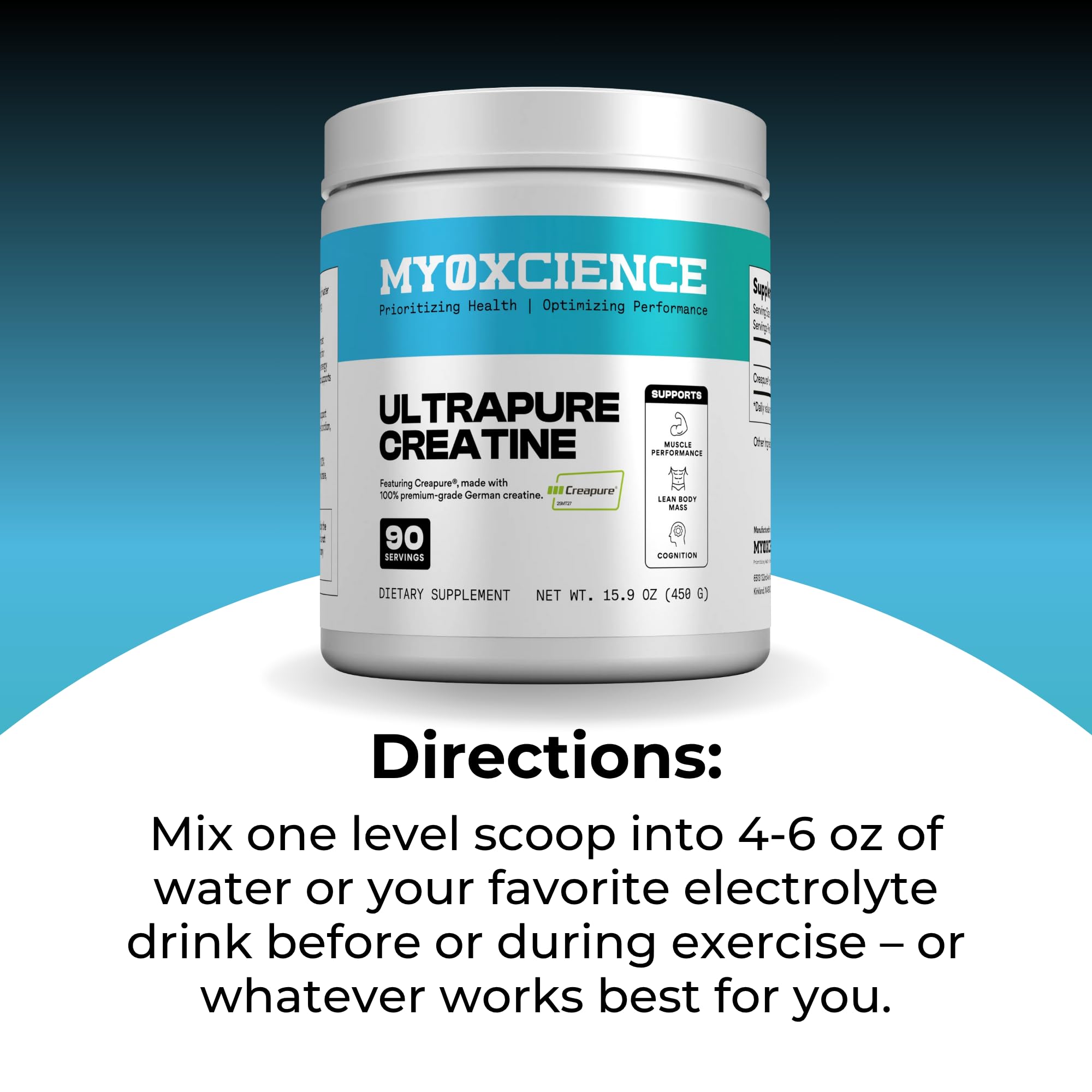 MYOXCIENCE Creatine Powder 350g on a gym bench