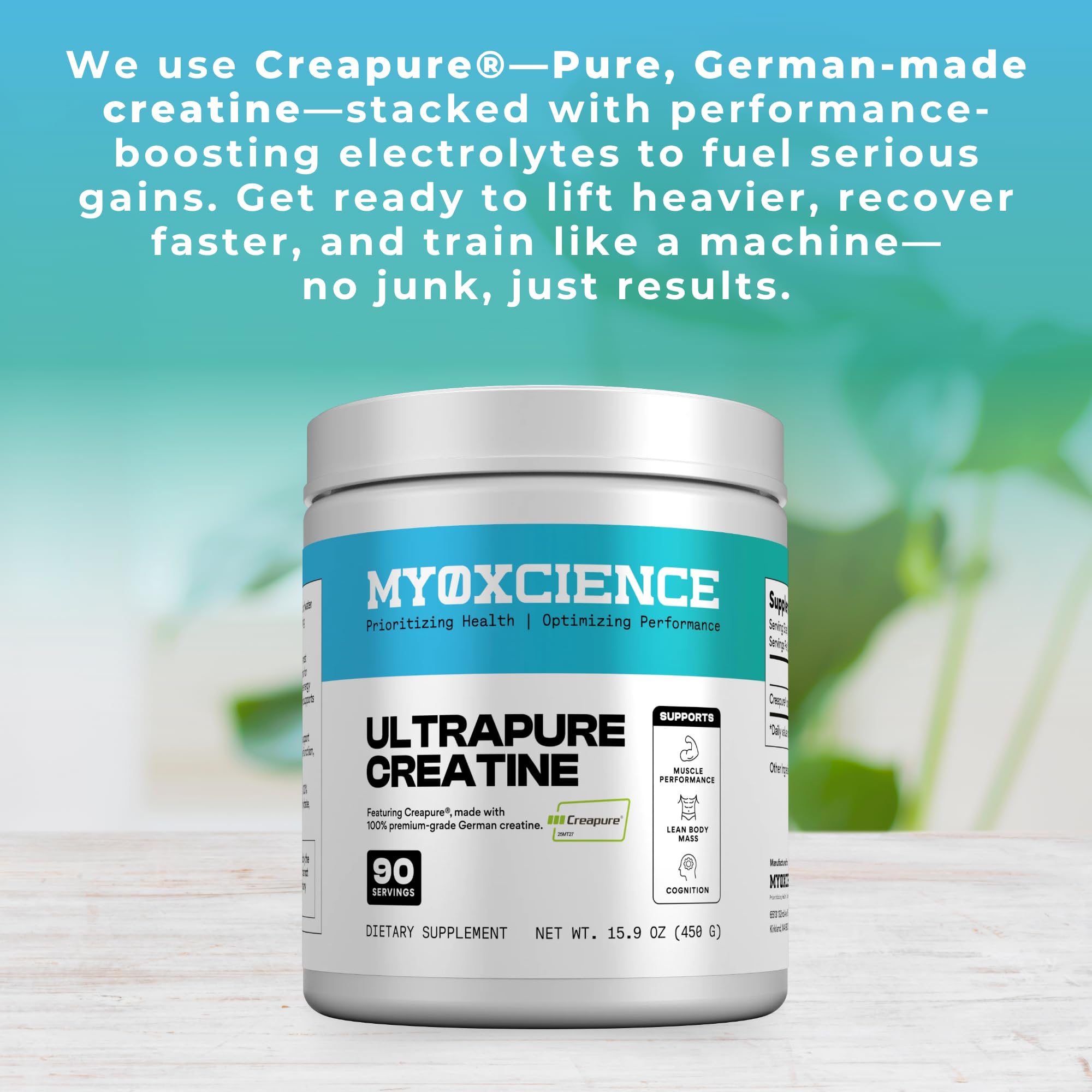 MYOXCIENCE Creatine Powder 350g side view with nutritional information