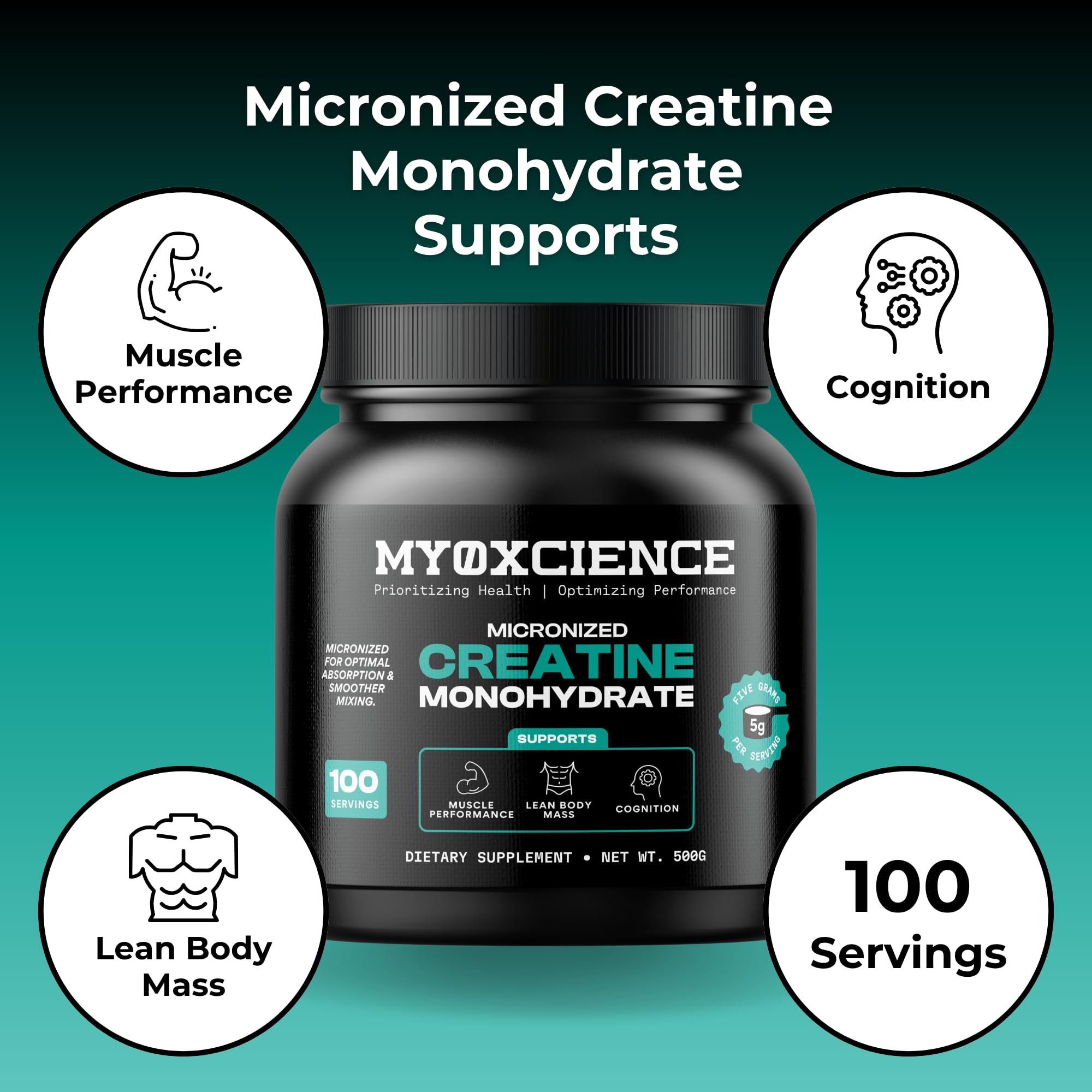 MYOXCIENCE Creatine Powder 535g scoop