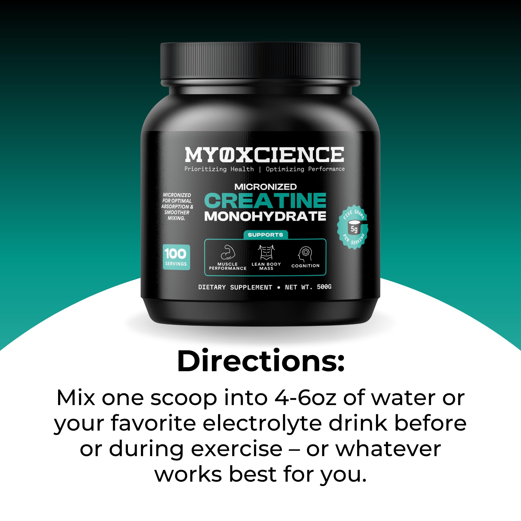 MYOXCIENCE Creatine Powder 535g with gym equipment