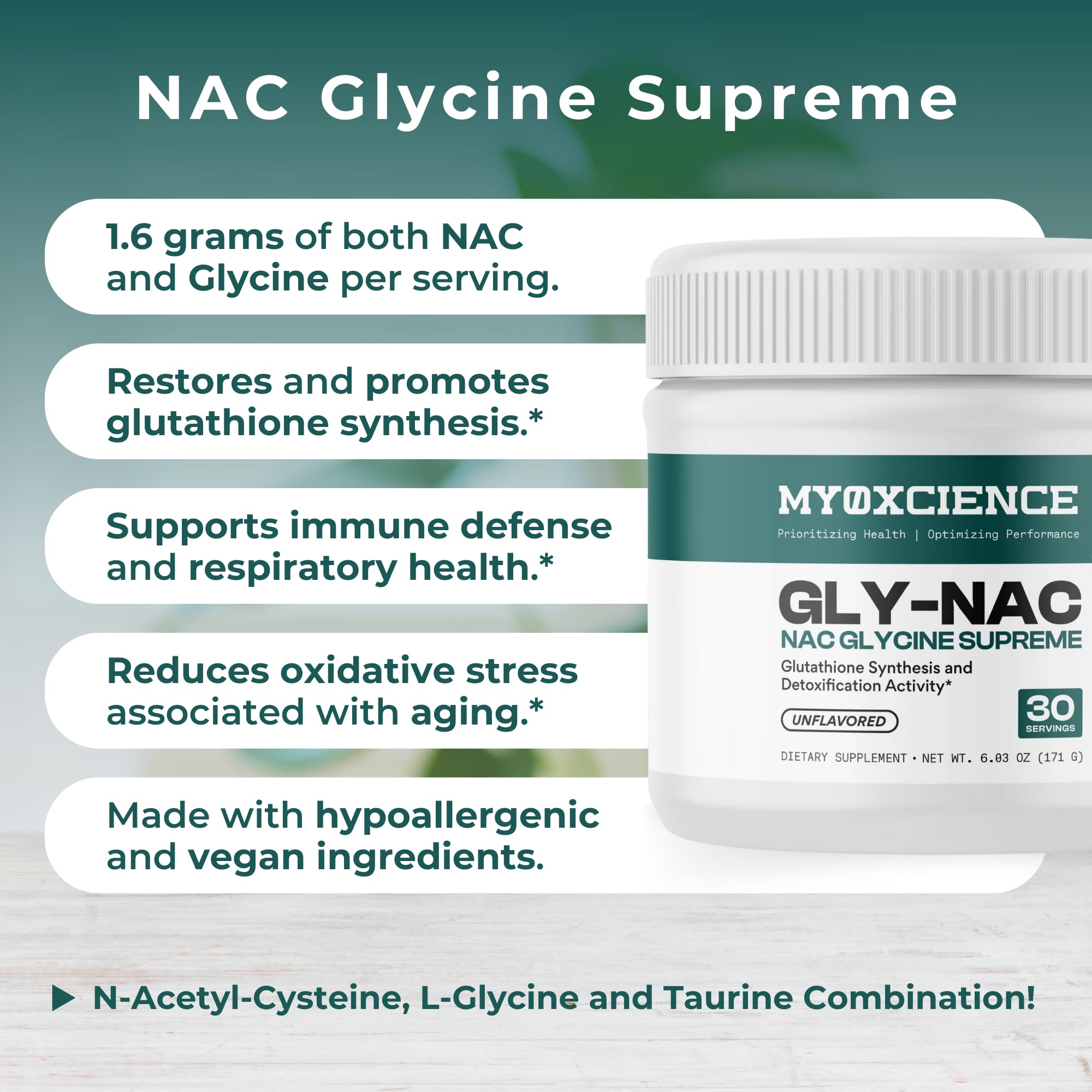 MYOXCIENCE N-Acetyl-L-Cysteine and Glycine 210g on a wooden table