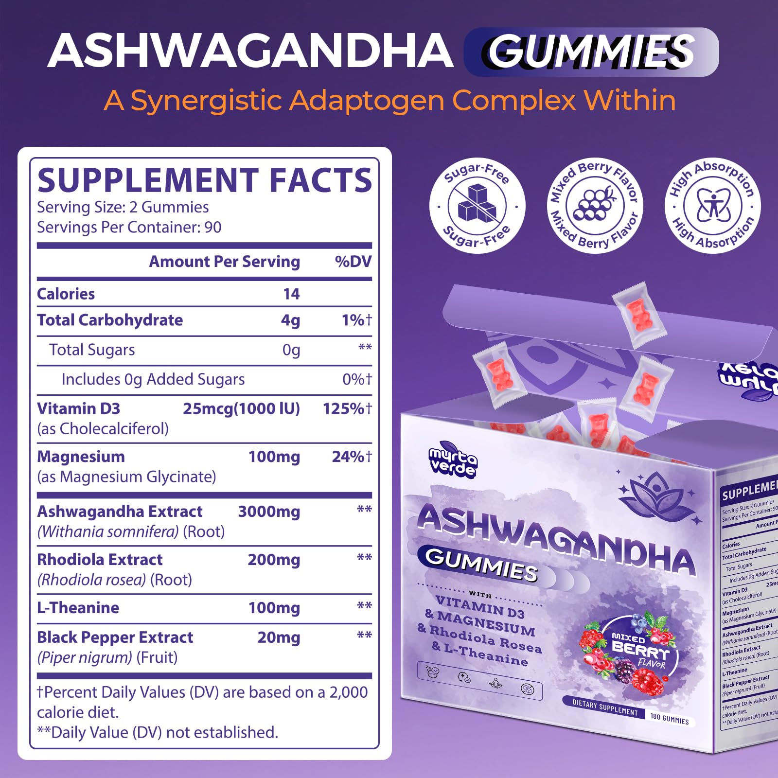 Myrtaverde Ashwagandha Gummies 3000mg packaging with a hand holding it