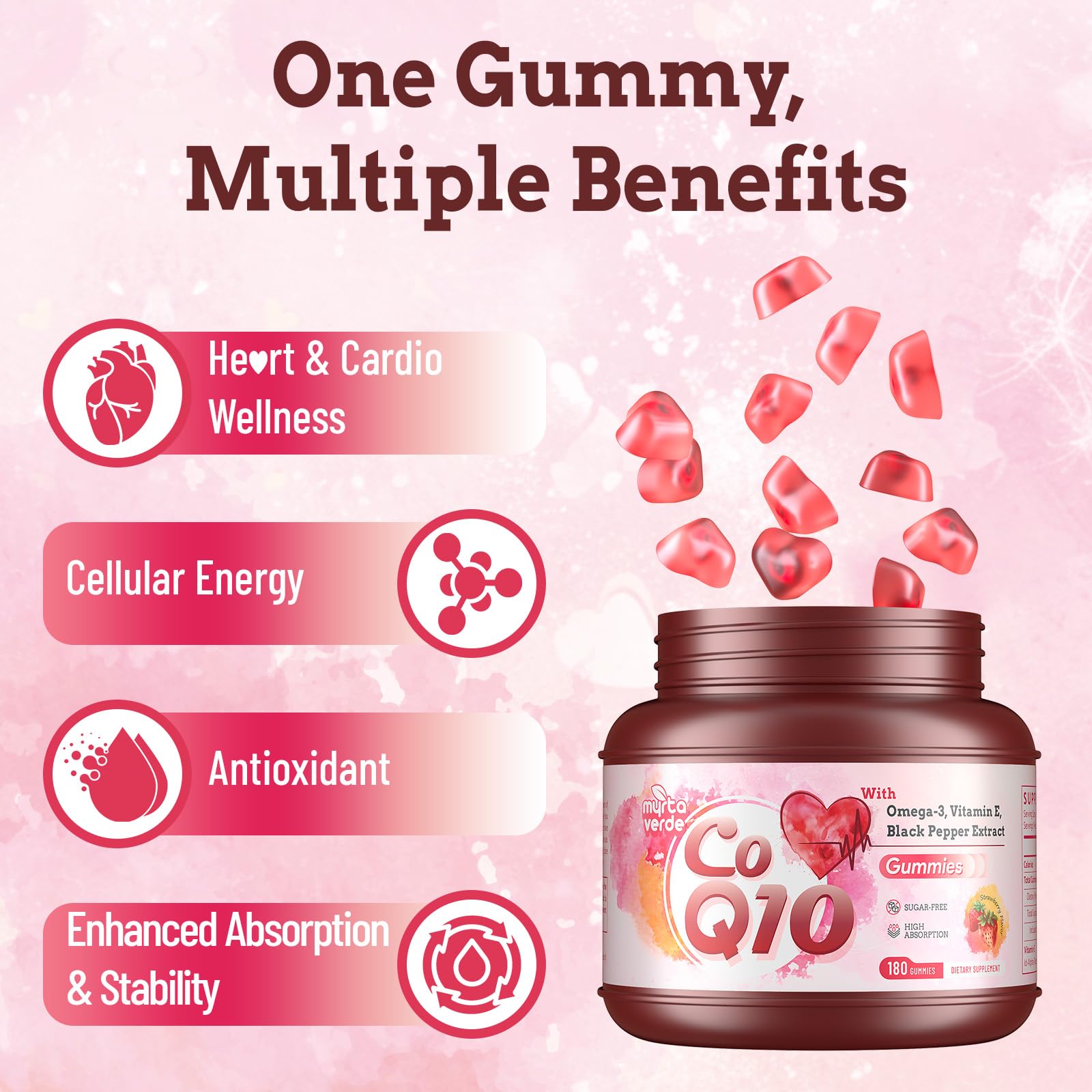 Myrtaverde CoQ10 Gummies heart-shaped gummy close-up