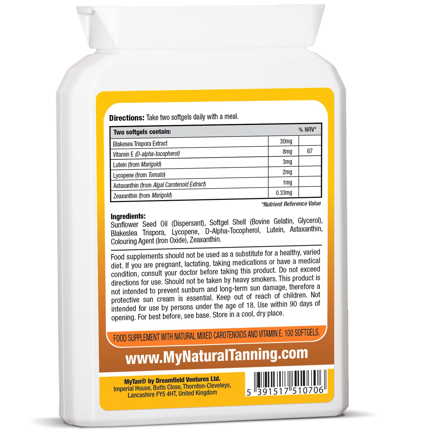 MyTan Bronze Tanning Pills packaging details and ingredients
