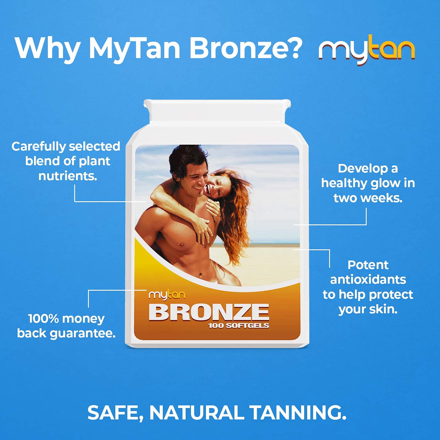 MyTan Bronze Tanning Pills softgels on a white background