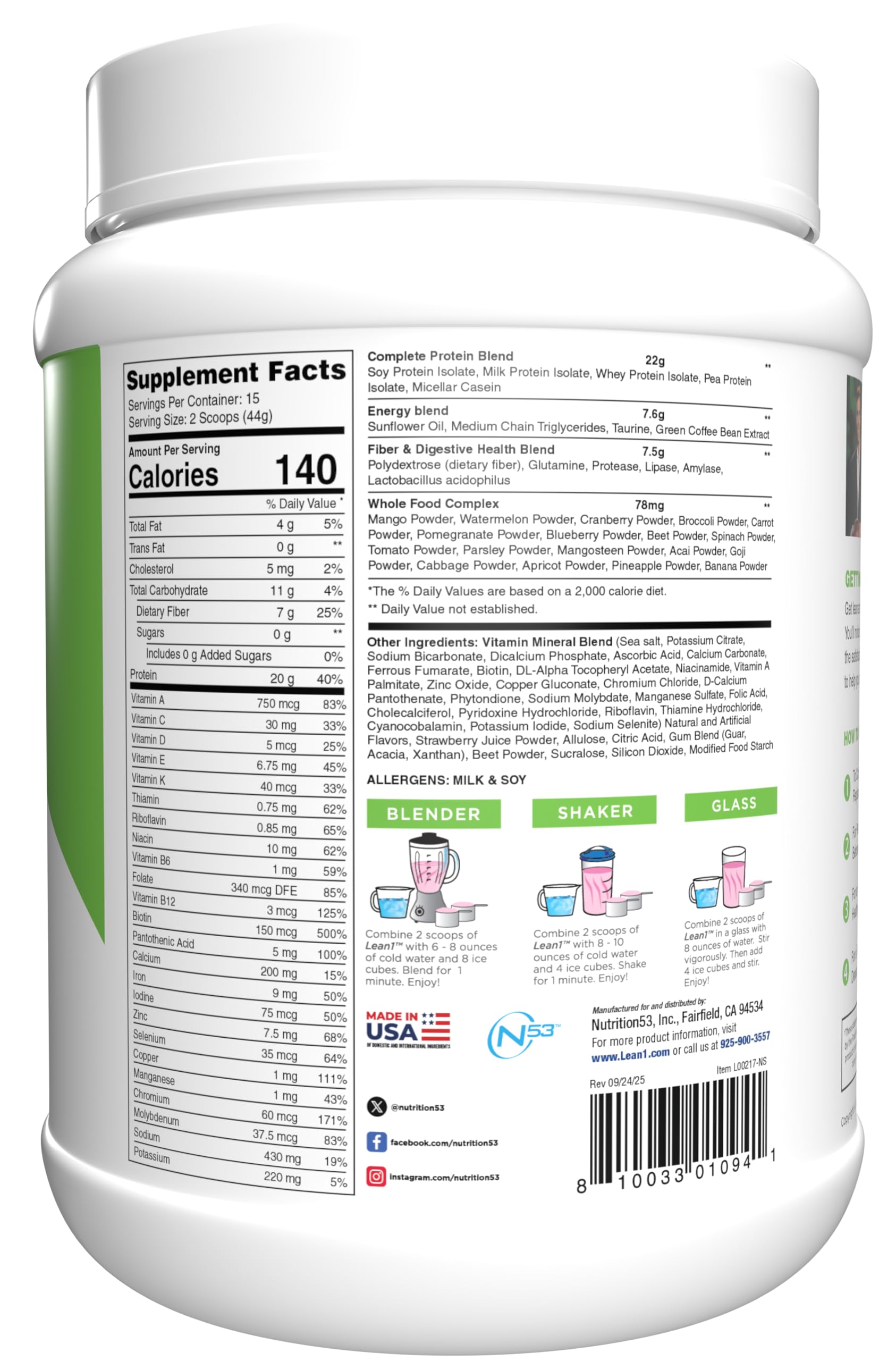 N53 Lean1 Meal Replacement Powder mixed in a shaker