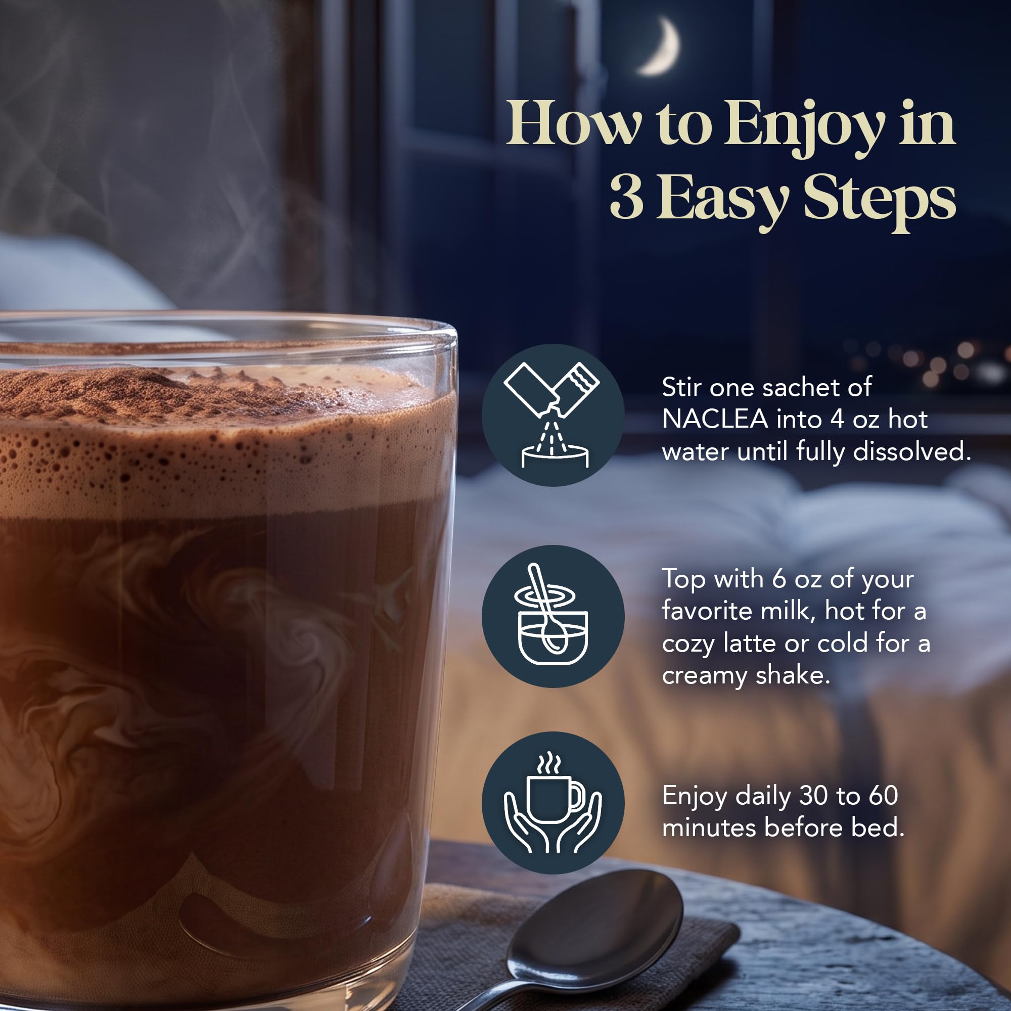 NACLEA Magnesium Hot Cocoa Sleep Drink jar with a spoon
