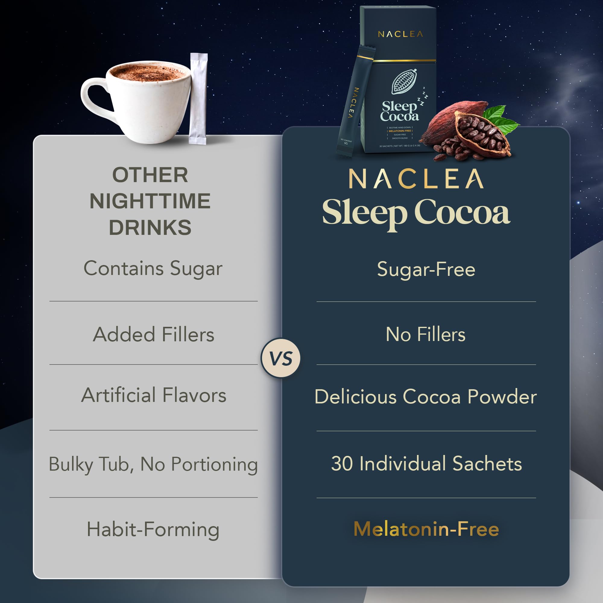 NACLEA Magnesium Hot Cocoa Sleep Drink lifestyle scene with a cozy setting