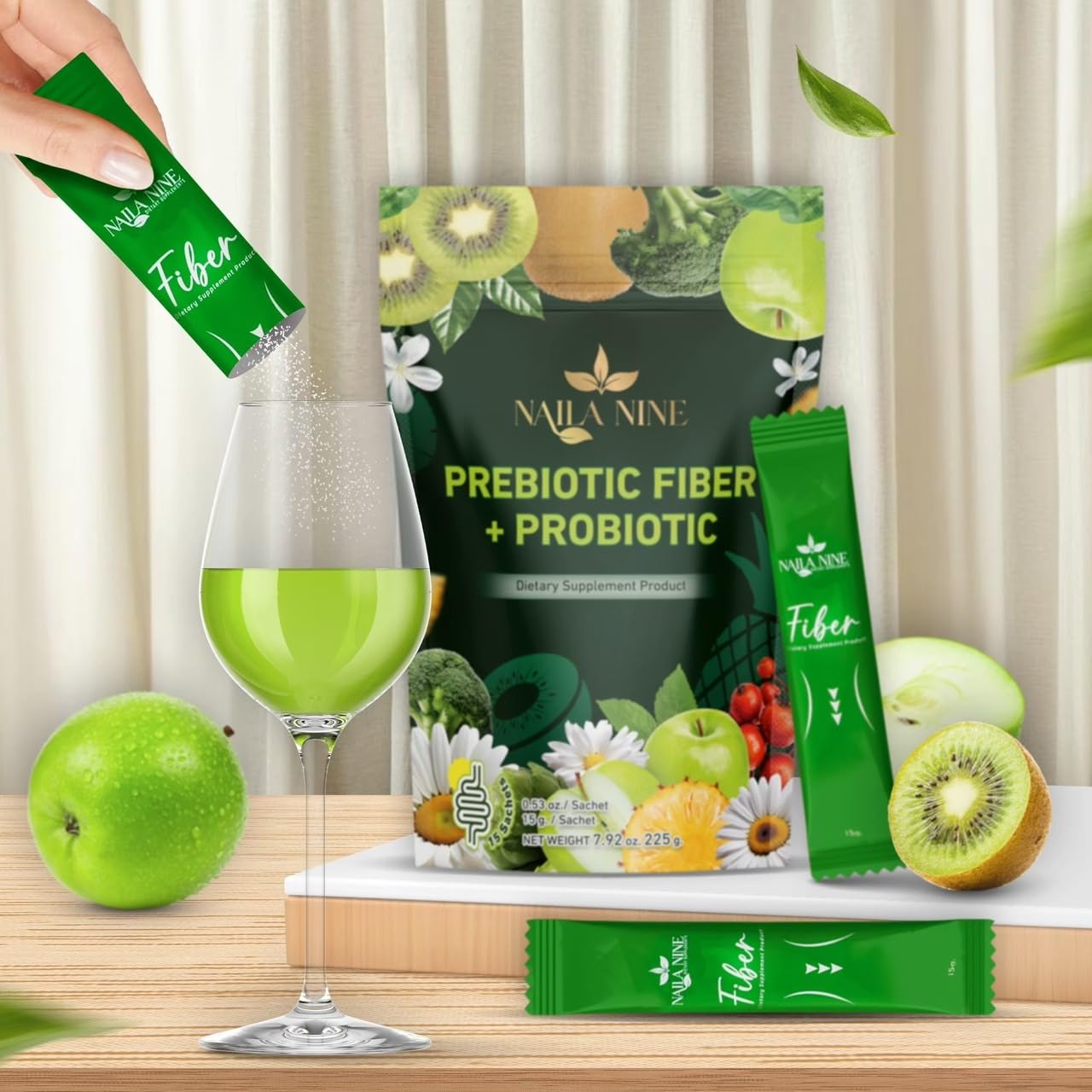 NAILA NINE Fibre Supplement mixed with water in a glass