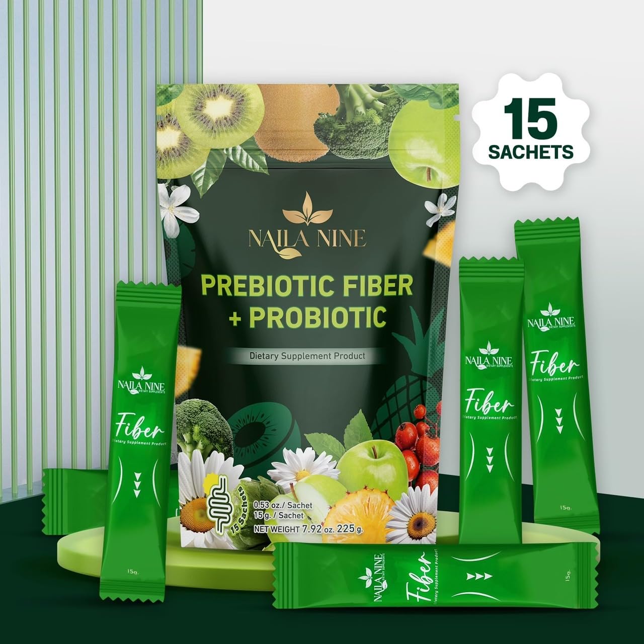 NAILA NINE Fibre Supplement sachets displayed on a kitchen counter