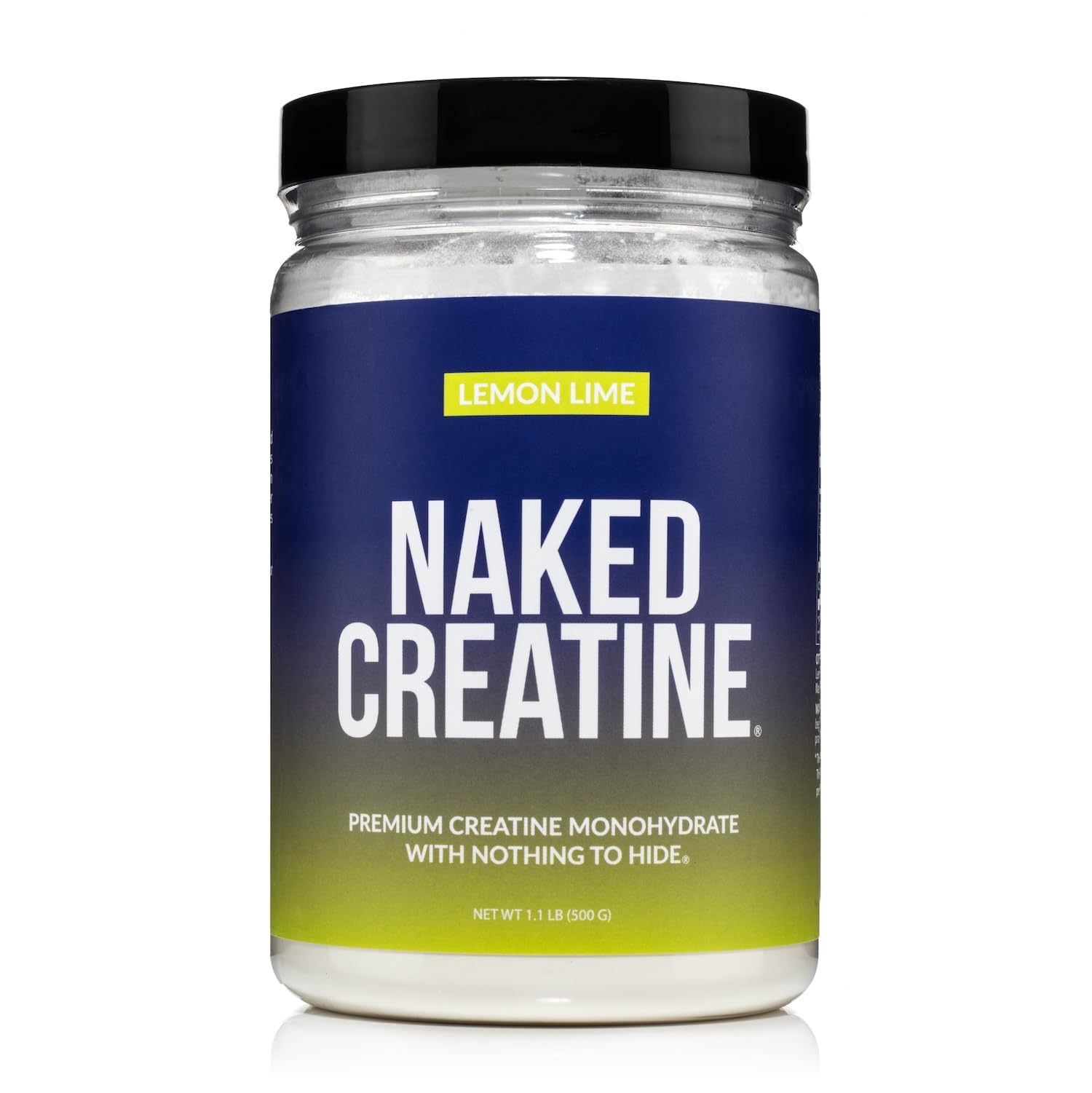 NAKED Creatine Monohydrate Powder 499g front view with lemon lime flavour