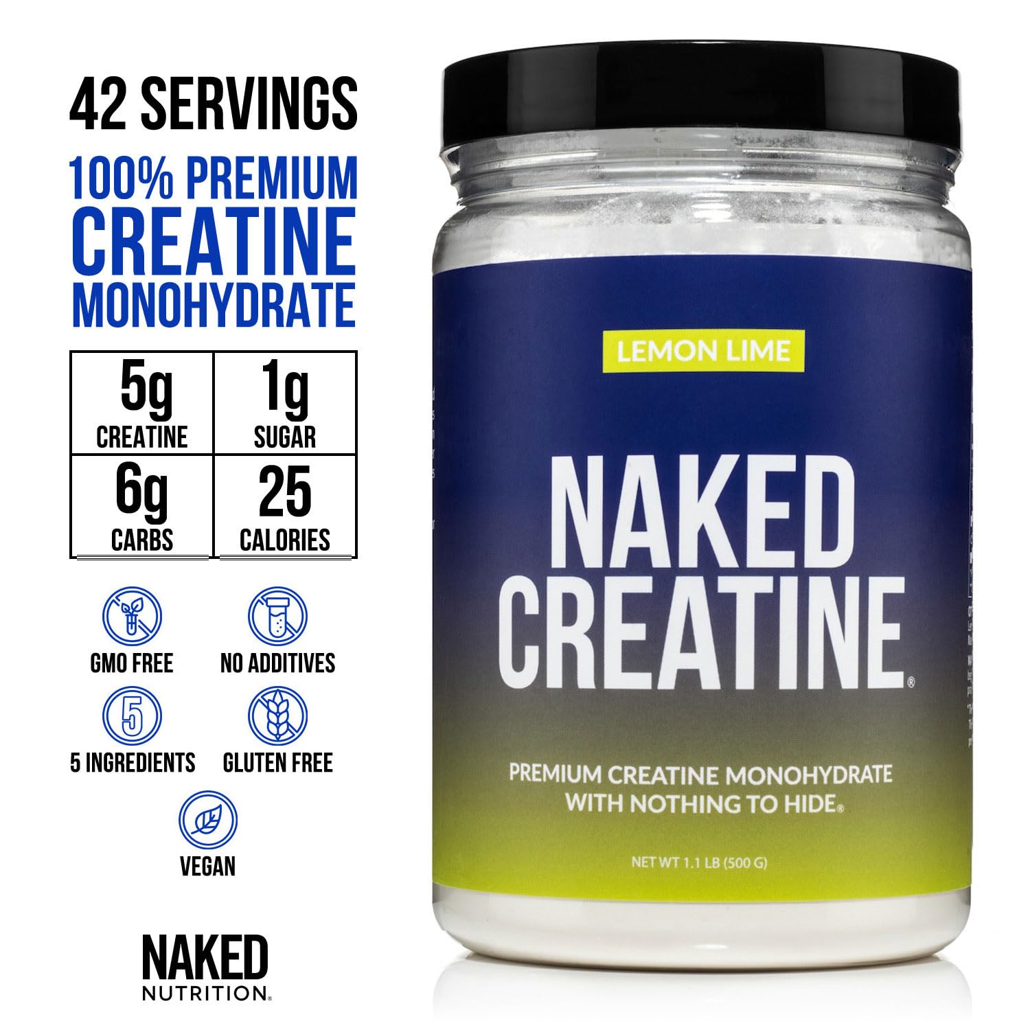 NAKED Creatine Monohydrate Powder 499g side view showing packaging details