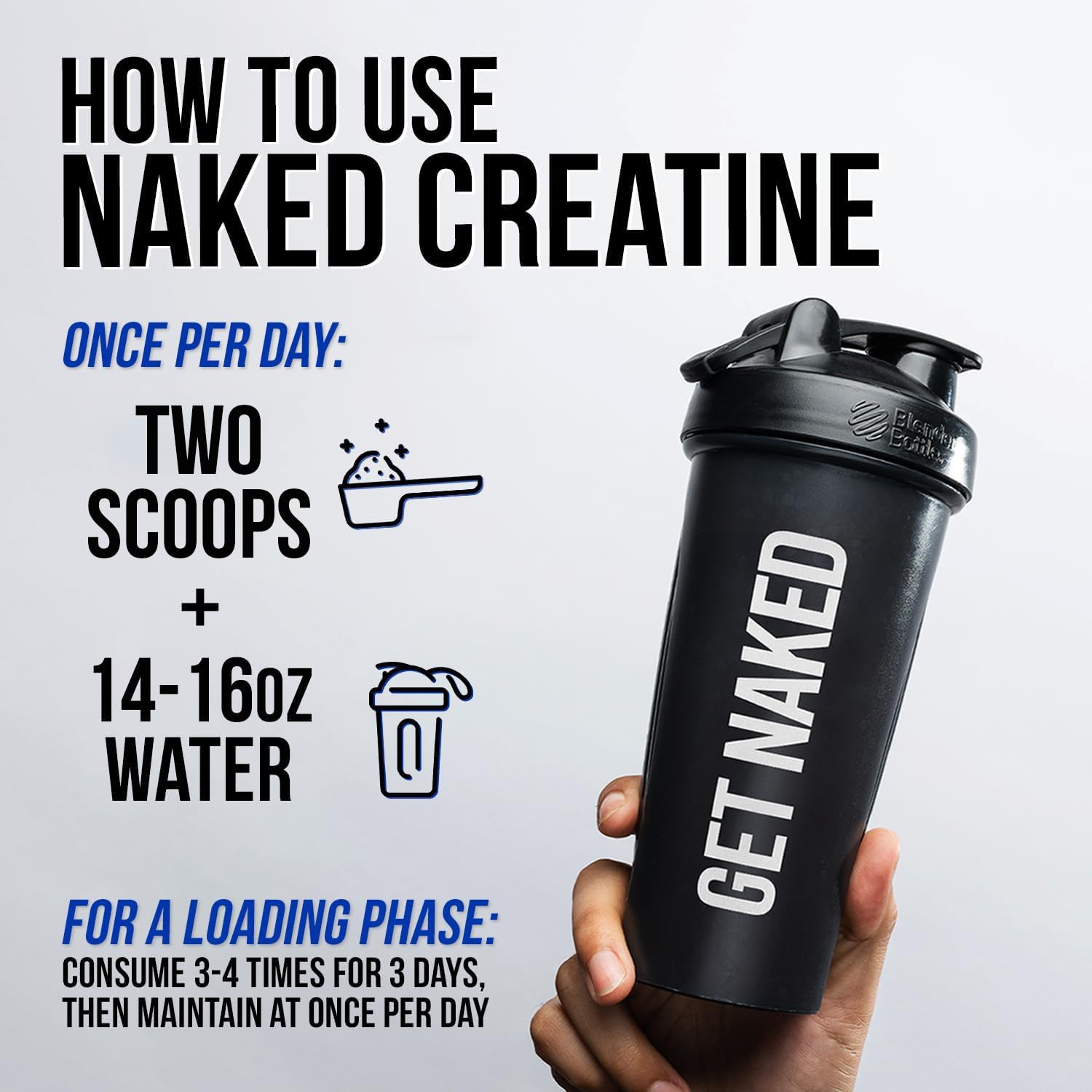 NAKED Creatine Monohydrate Powder 499g with scoop on a kitchen counter