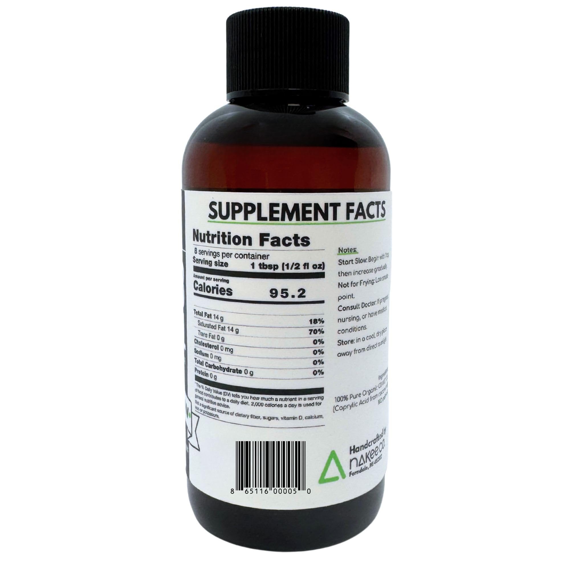 Nakee Butter C8 MCT Oil 95g bottle back view with ingredients