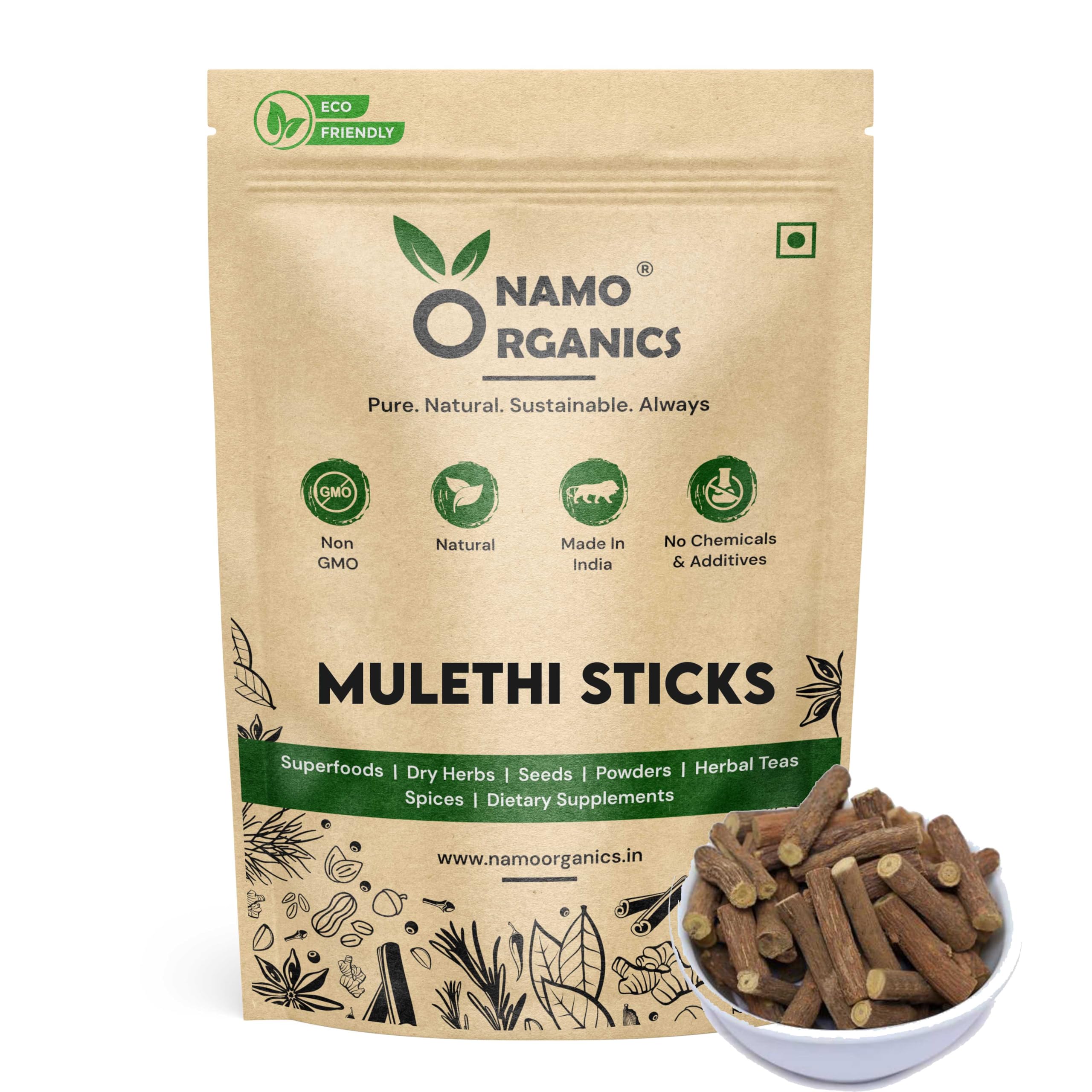 Namo Organics Licorice Root Mulethi Stick 100g front view