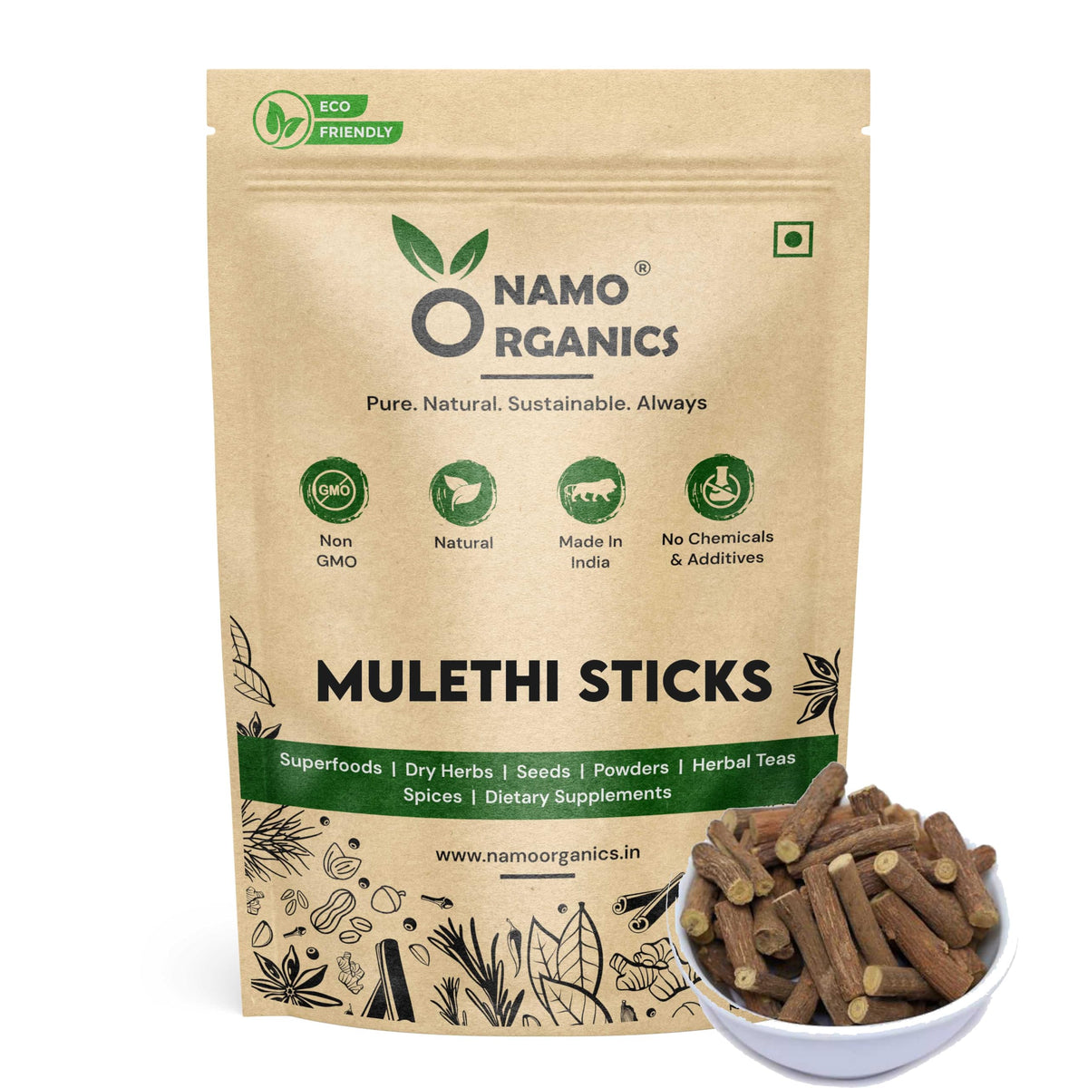 Namo Organics Licorice Root Mulethi Stick 100g front view