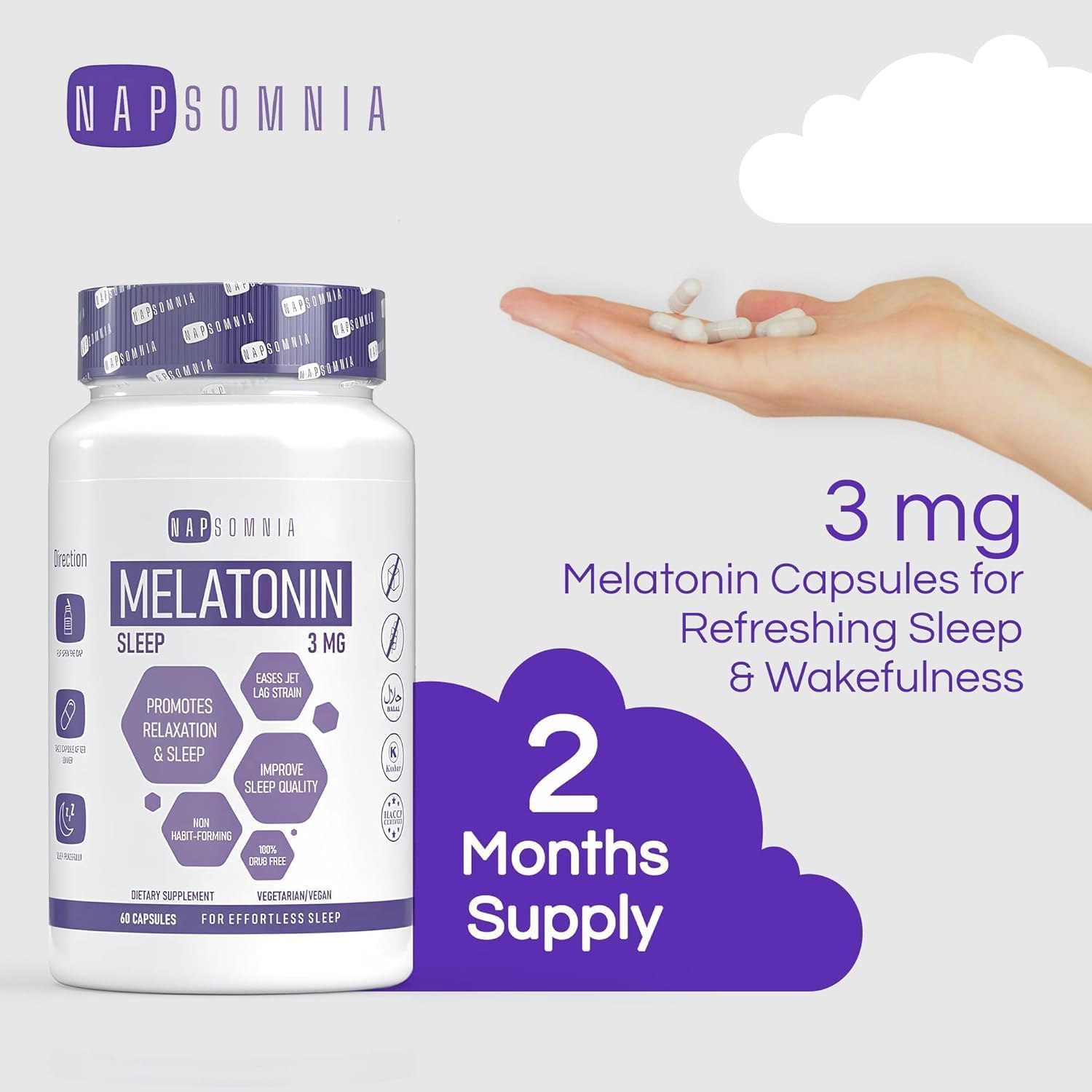 NAPSOMNIA Melatonin Capsules 3mg back view of packaging