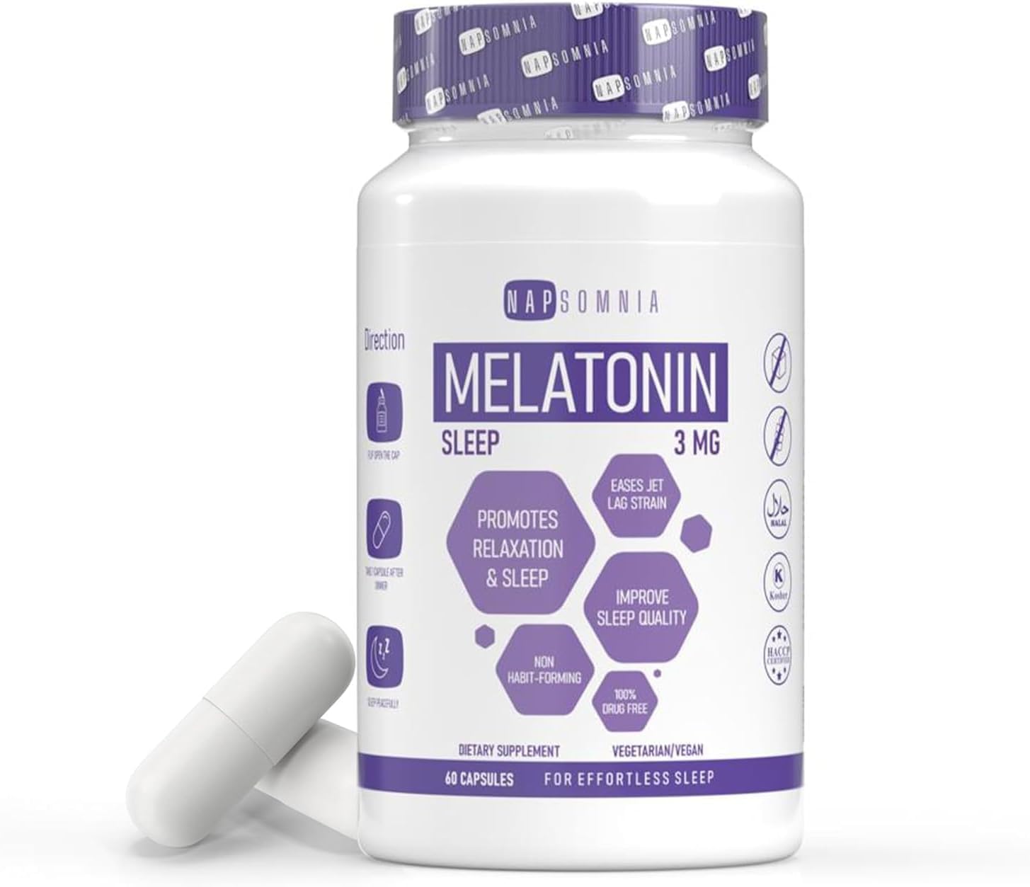 NAPSOMNIA Melatonin Capsules 3mg front view of packaging