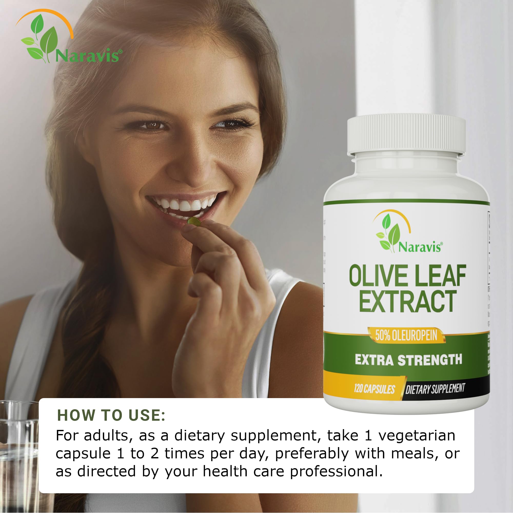 Naravis Olive Leaf Extract bottle on a wooden table