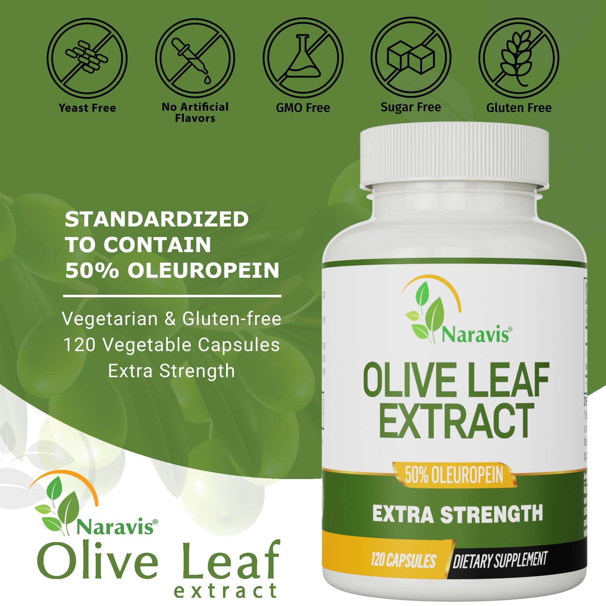 Naravis Olive Leaf Extract capsules displayed with greenery