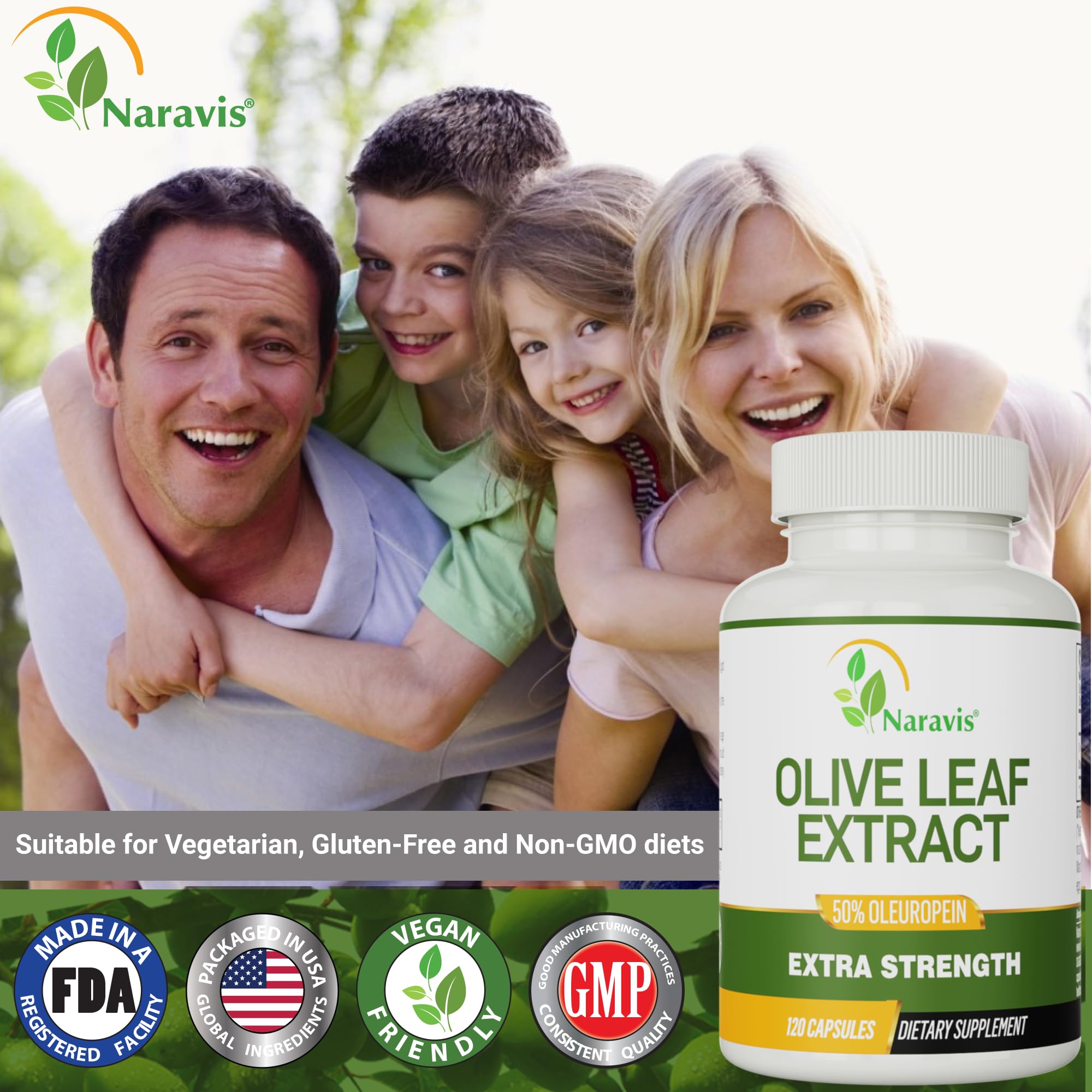 Naravis Olive Leaf Extract capsules with a measuring spoon
