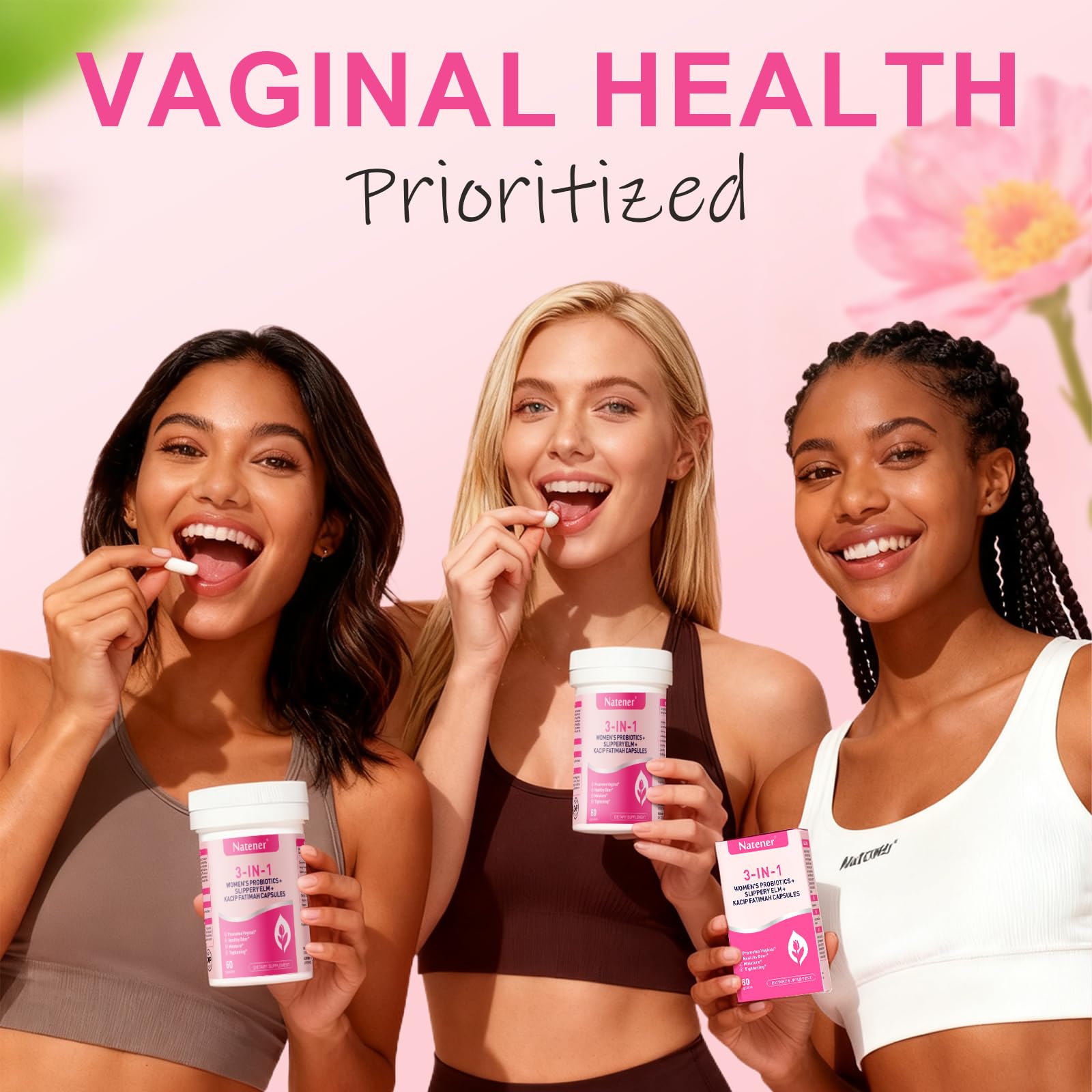 Natener 3 in 1 Vaginal Probiotics lifestyle scene with flowers
