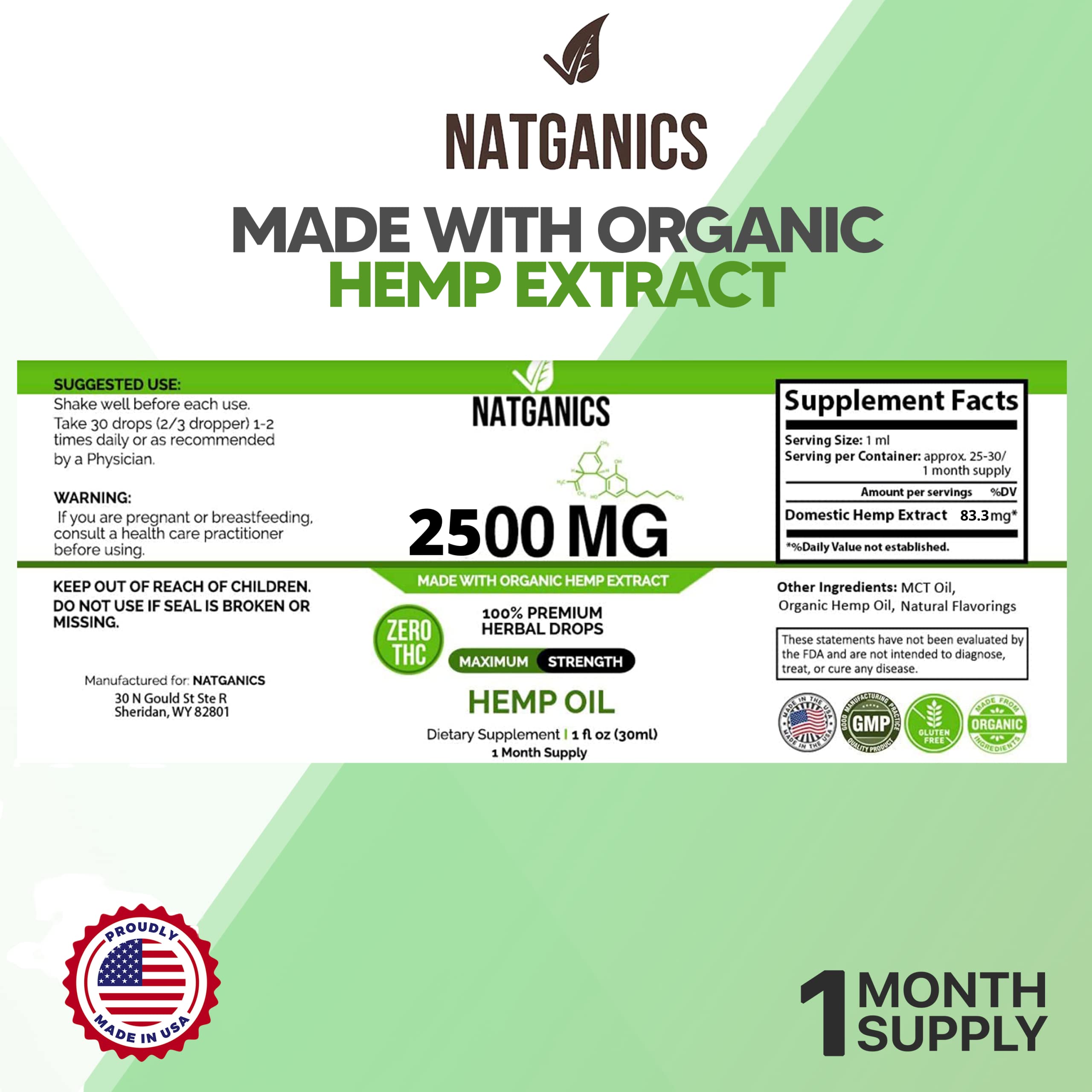 Natganics Hemp Oil 2500 mg Mint Flavour bottle side view