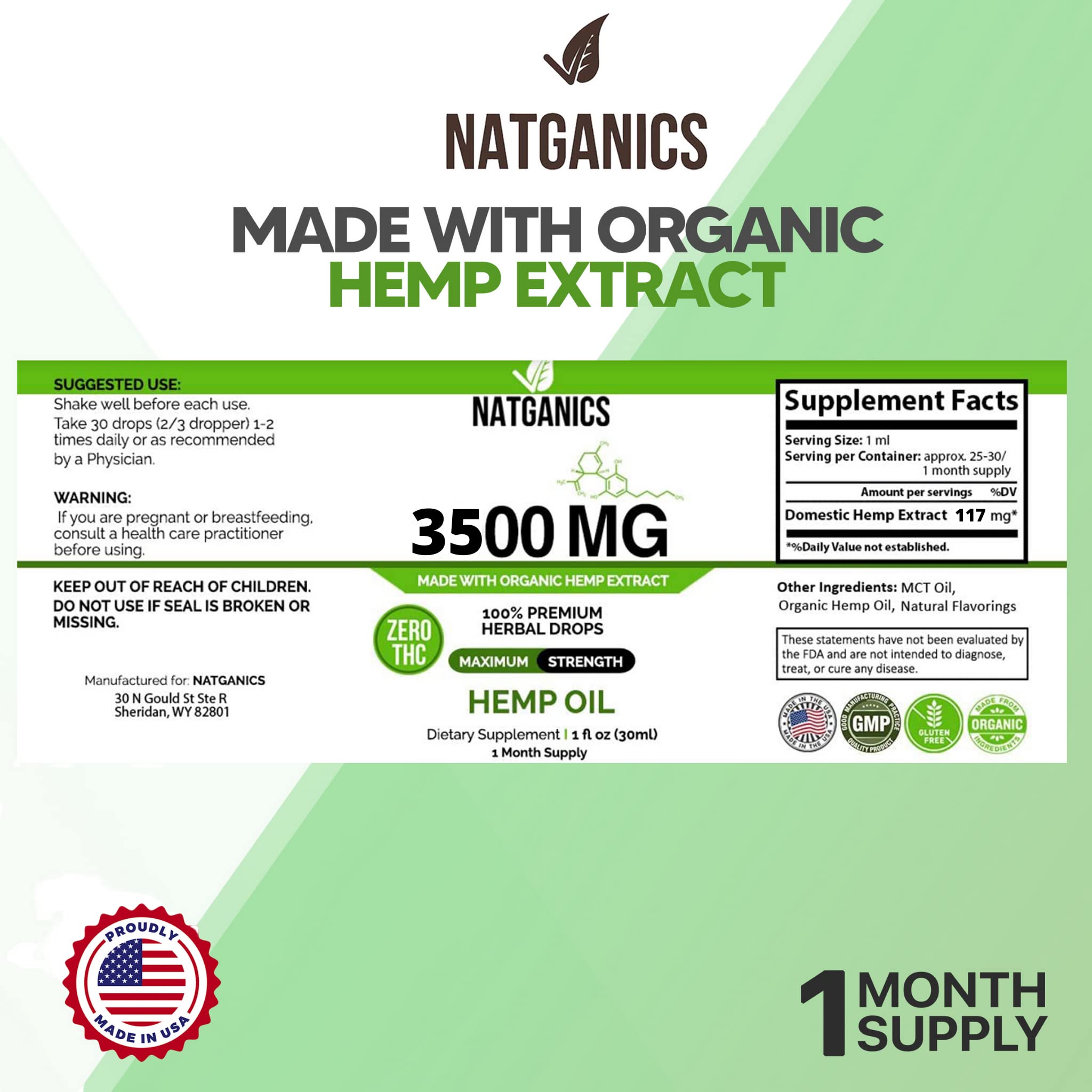 Natganics Hemp Oil 3500 mg mint flavour bottle with dropper
