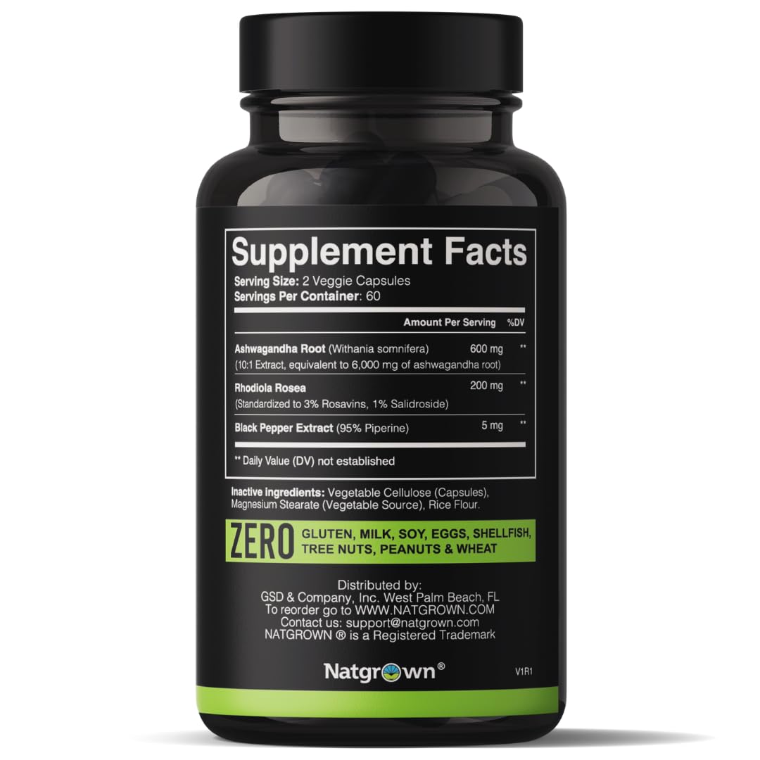 Natgrown Ashwagandha and Rhodiola Rosea Supplement bottle with label