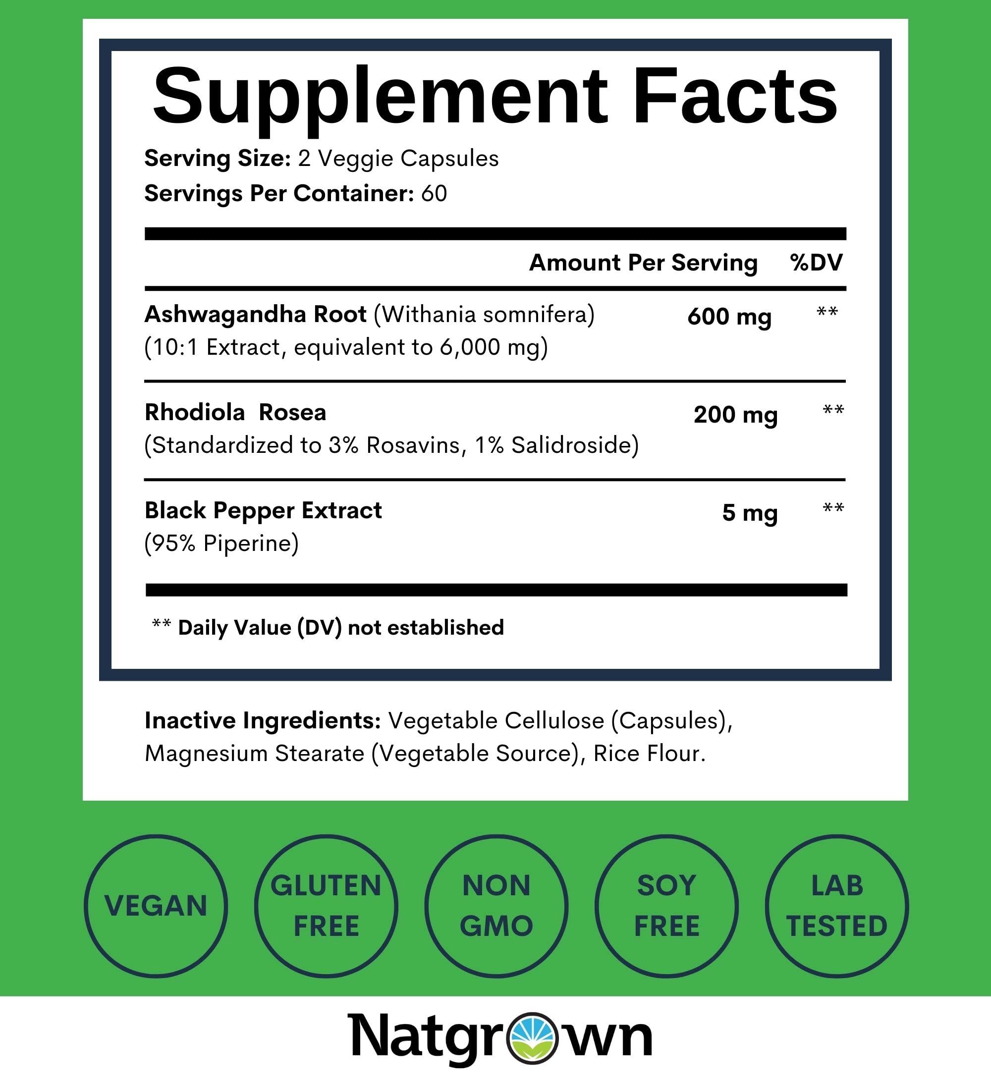 Natgrown Ashwagandha and Rhodiola Rosea Supplement ingredients list