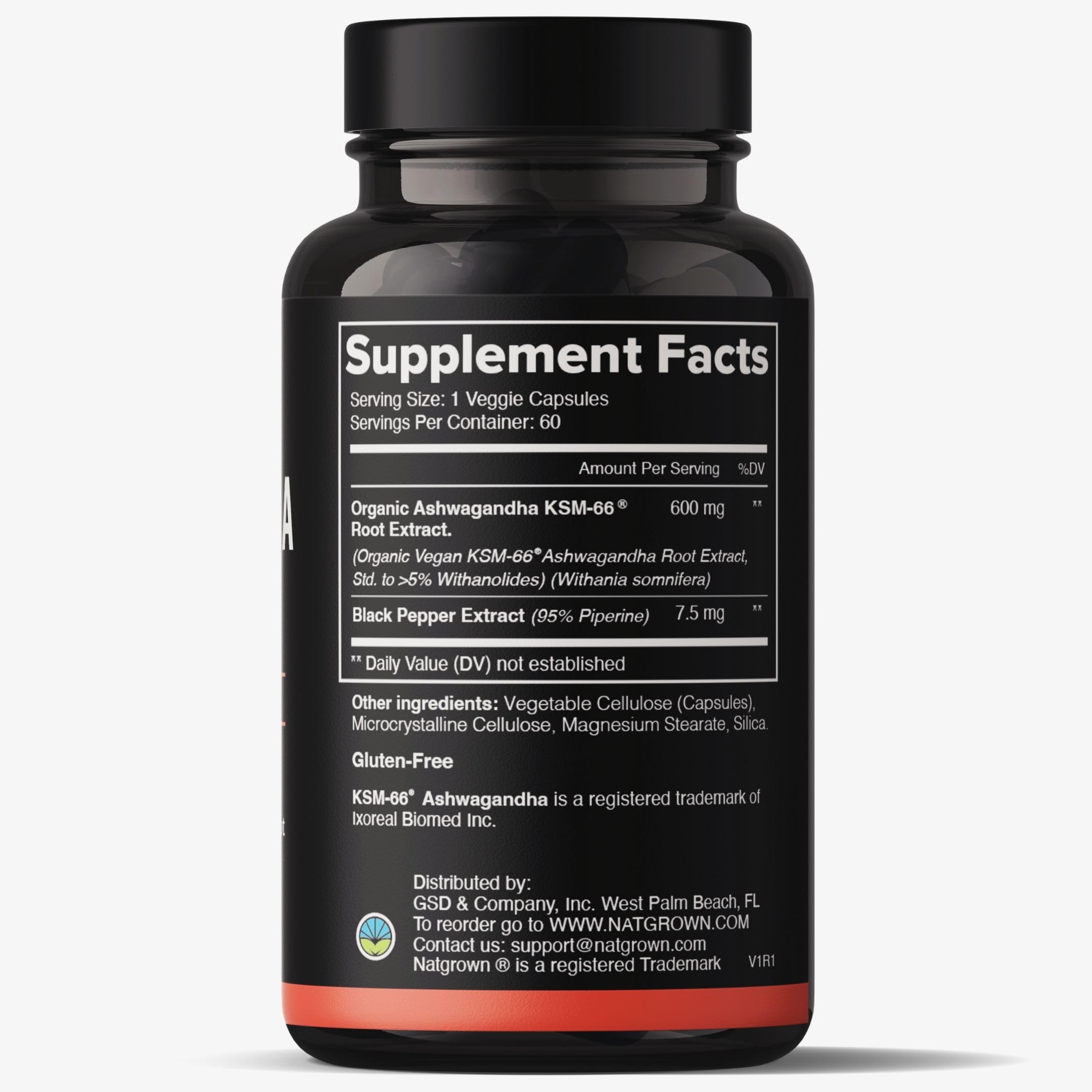 Natgrown Ashwagandha KSM-66 Supplement 600mg bottle side view