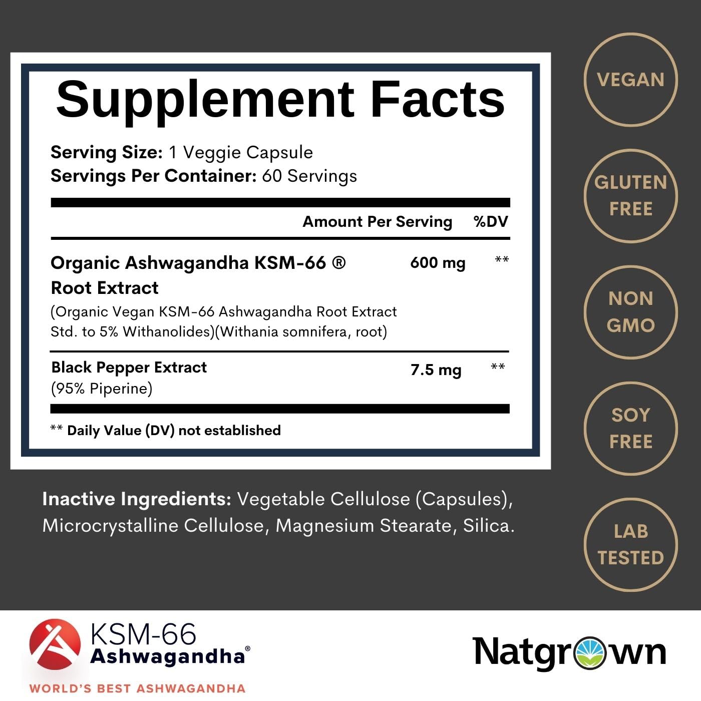 Natgrown Ashwagandha KSM-66 Supplement 600mg ingredients list