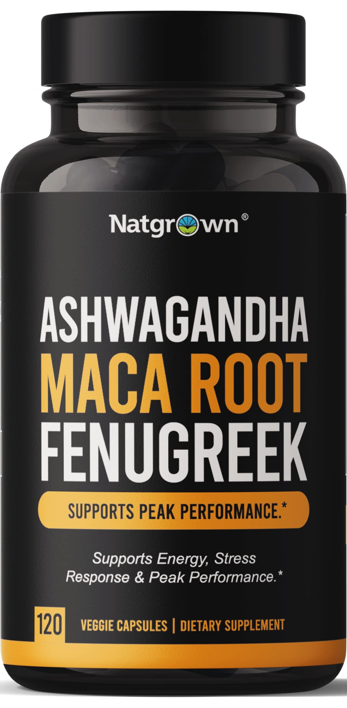 Natgrown Ashwagandha + Maca Root + Fenugreek Extract Capsules front view