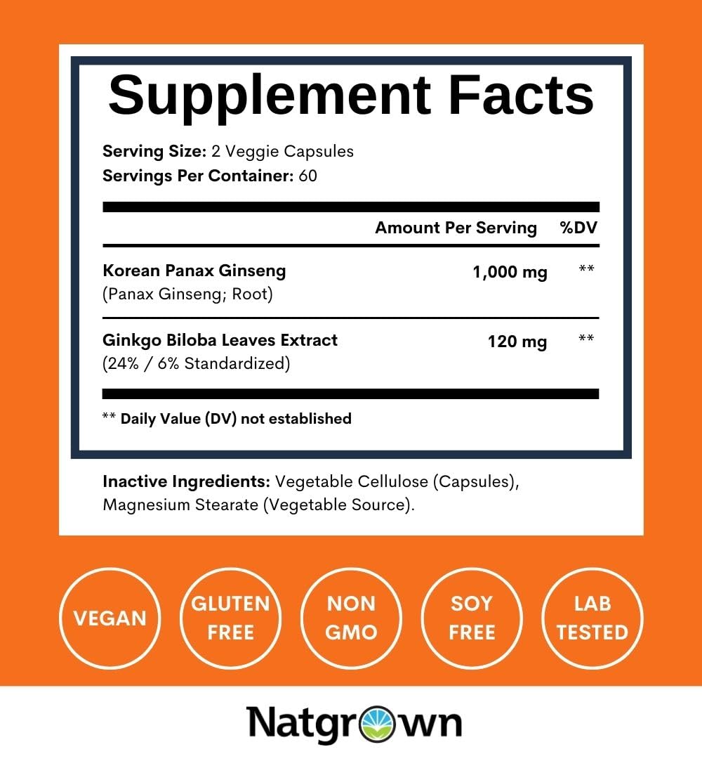Natgrown Ginkgo Biloba & Panax Ginseng supplement side view with dosage information