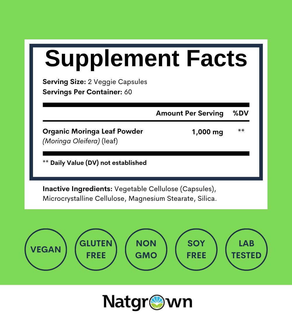 Natgrown Organic Moringa Capsules 1,000 mg on a wooden table