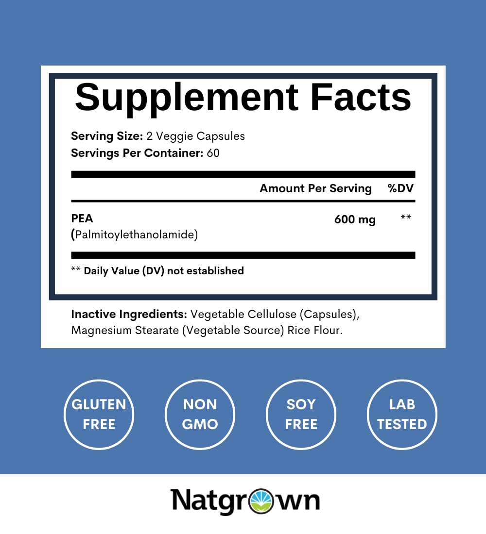 Natgrown Palmitoylethanolamide PEA Supplement 600 mg capsules on a surface