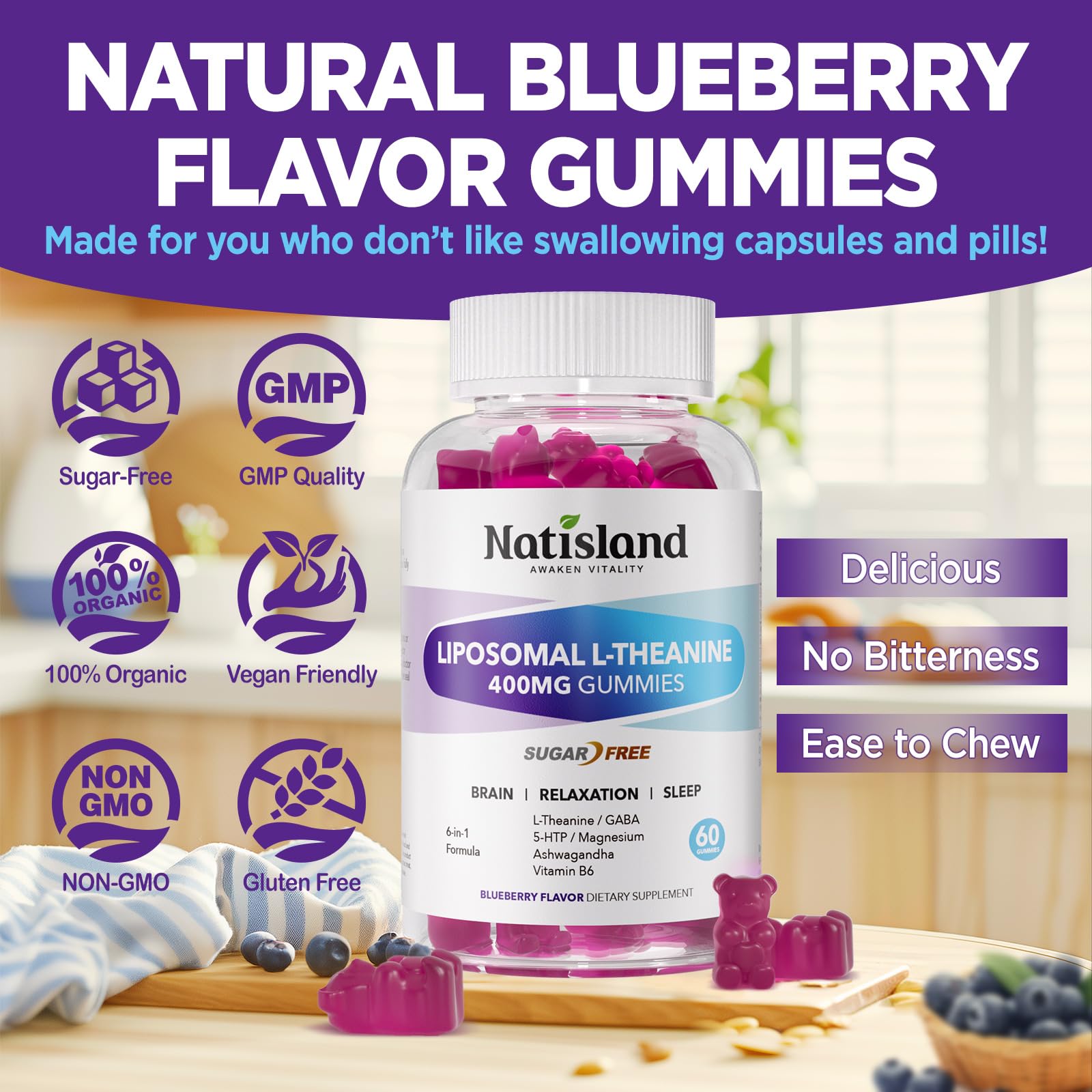 NATISLAND 5-HTP Gummies displayed with other supplements