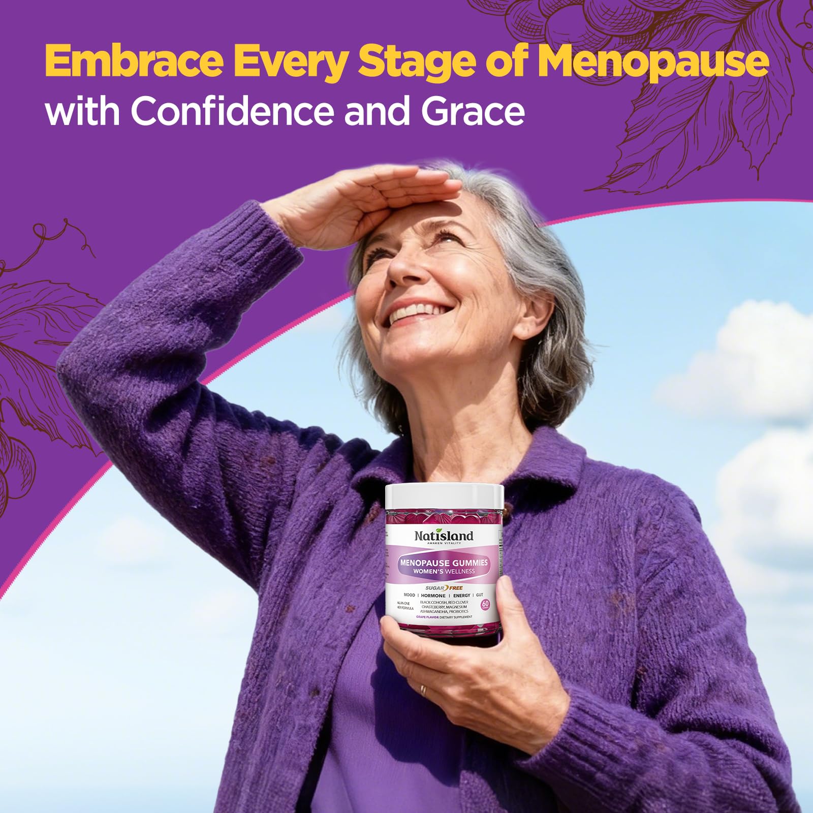 NATISLAND Black Cohosh Menopause Gummies with a measuring spoon