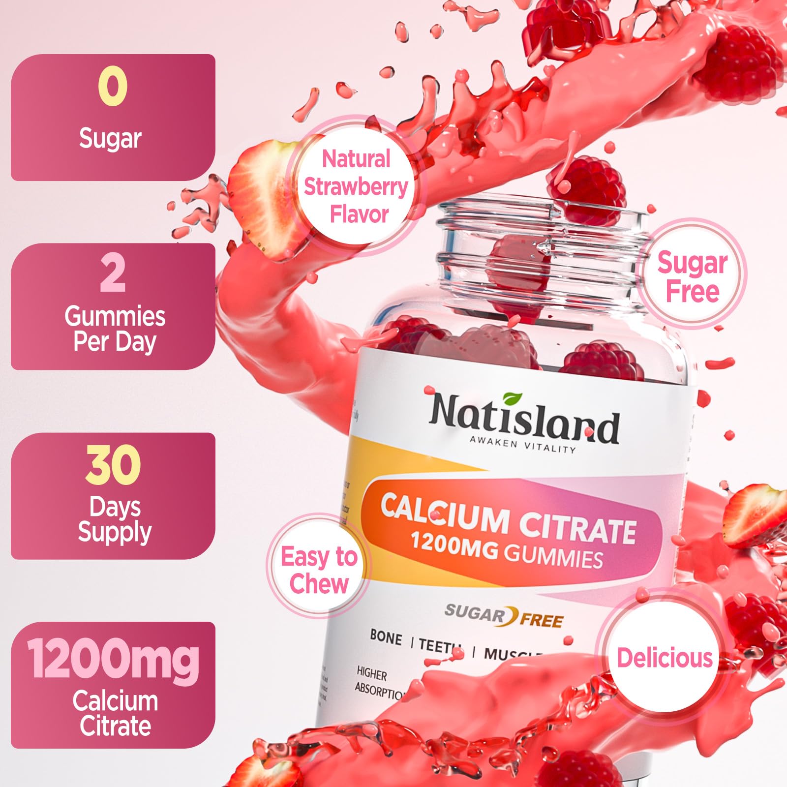 NATISLAND Calcium Citrate Gummies lifestyle scene with fresh fruit