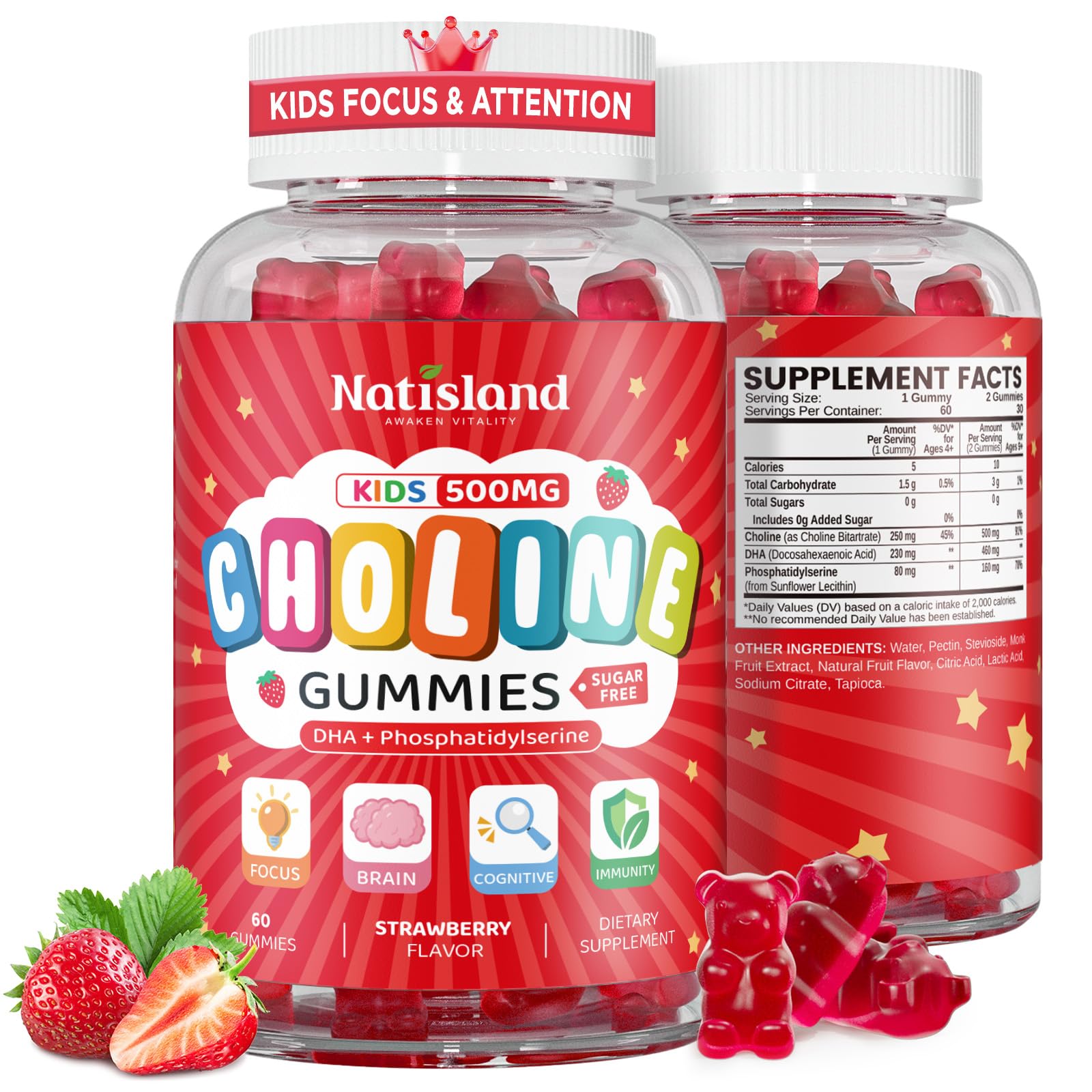 NATISLAND Choline Gummies bottle front view with 60 gummies