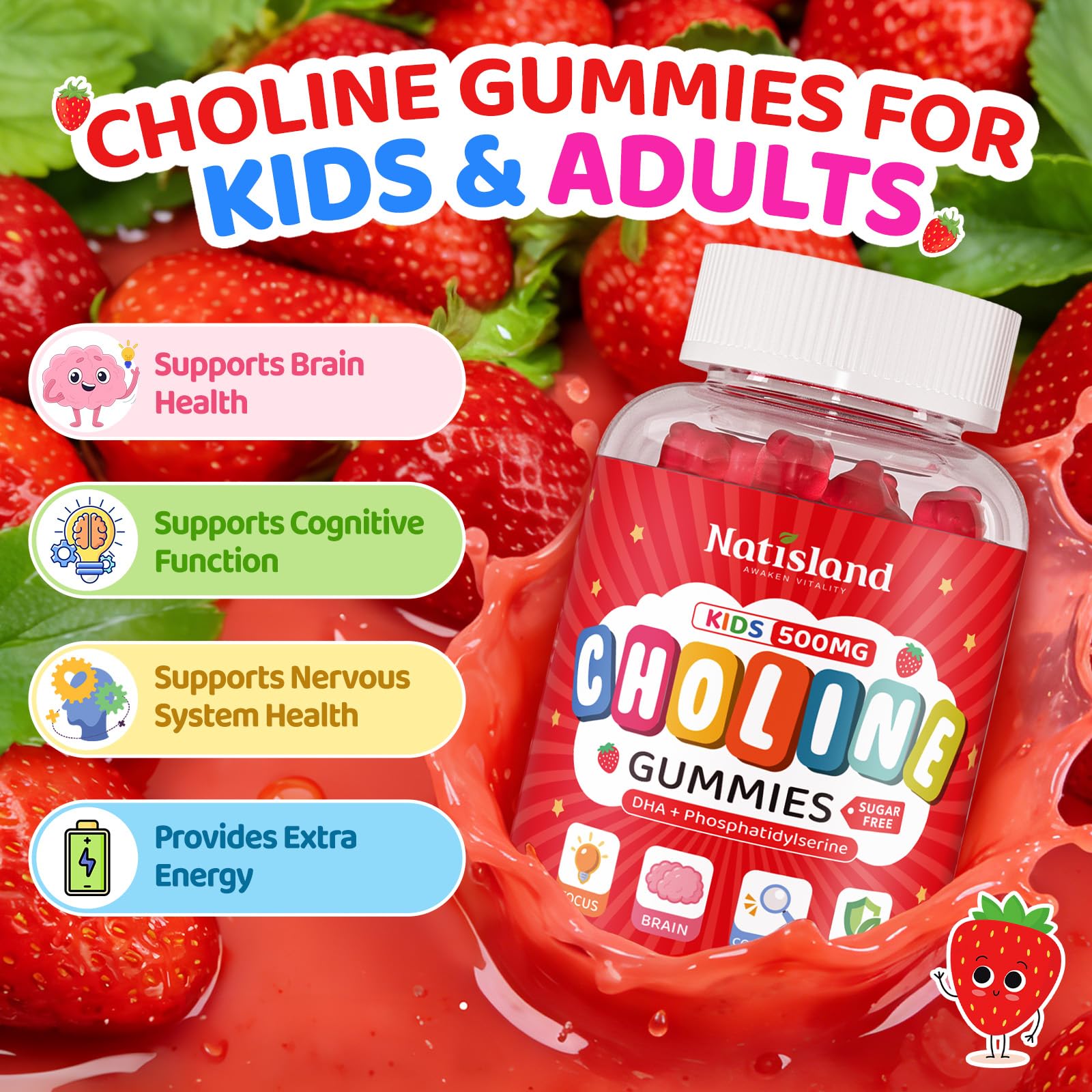 NATISLAND Choline Gummies on a table with a few gummies scattered